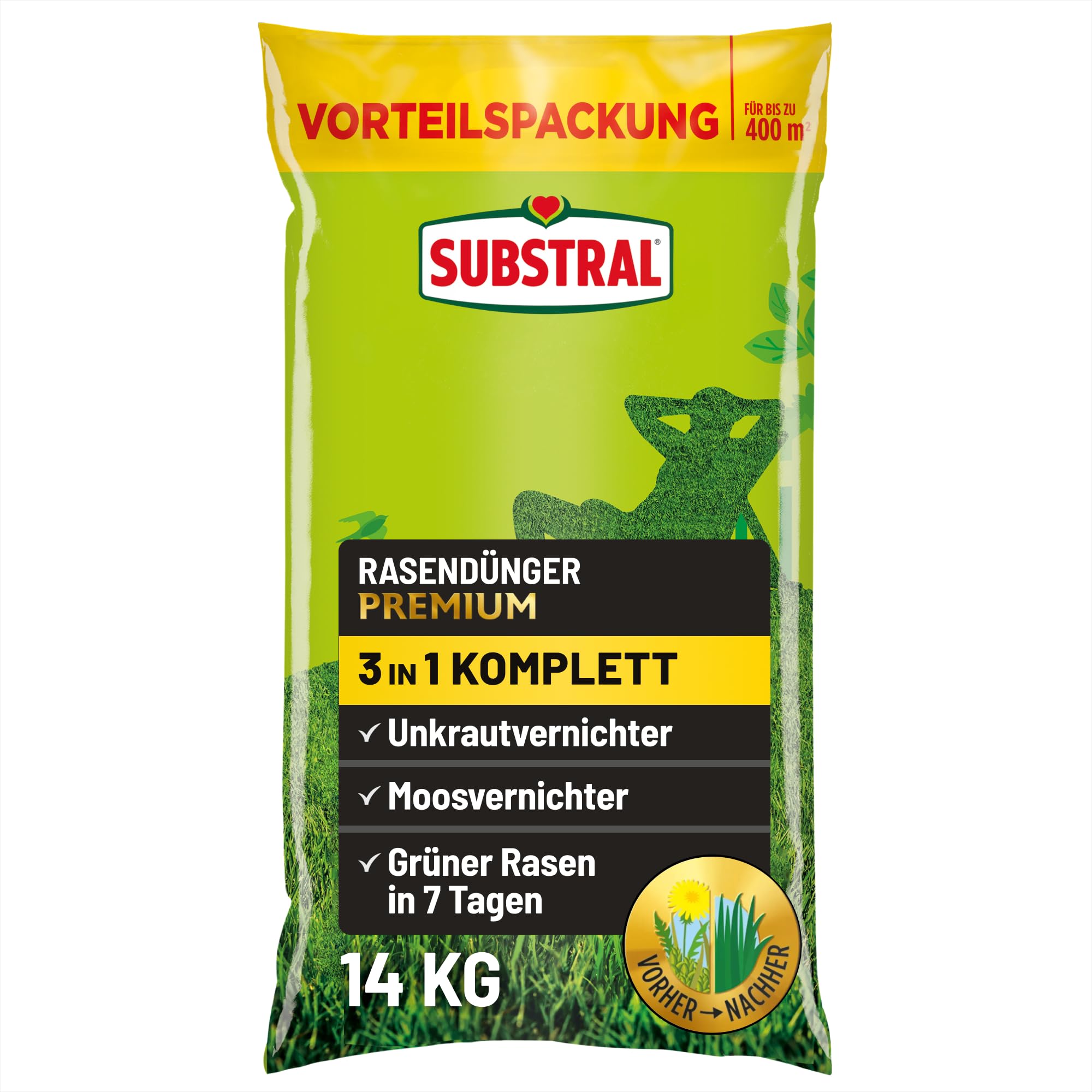 Substral 3in1 Komplettrasendünger, 14 kg für 400m² Rasenfläche, mit Unkrautvernichter und Moosvernichter