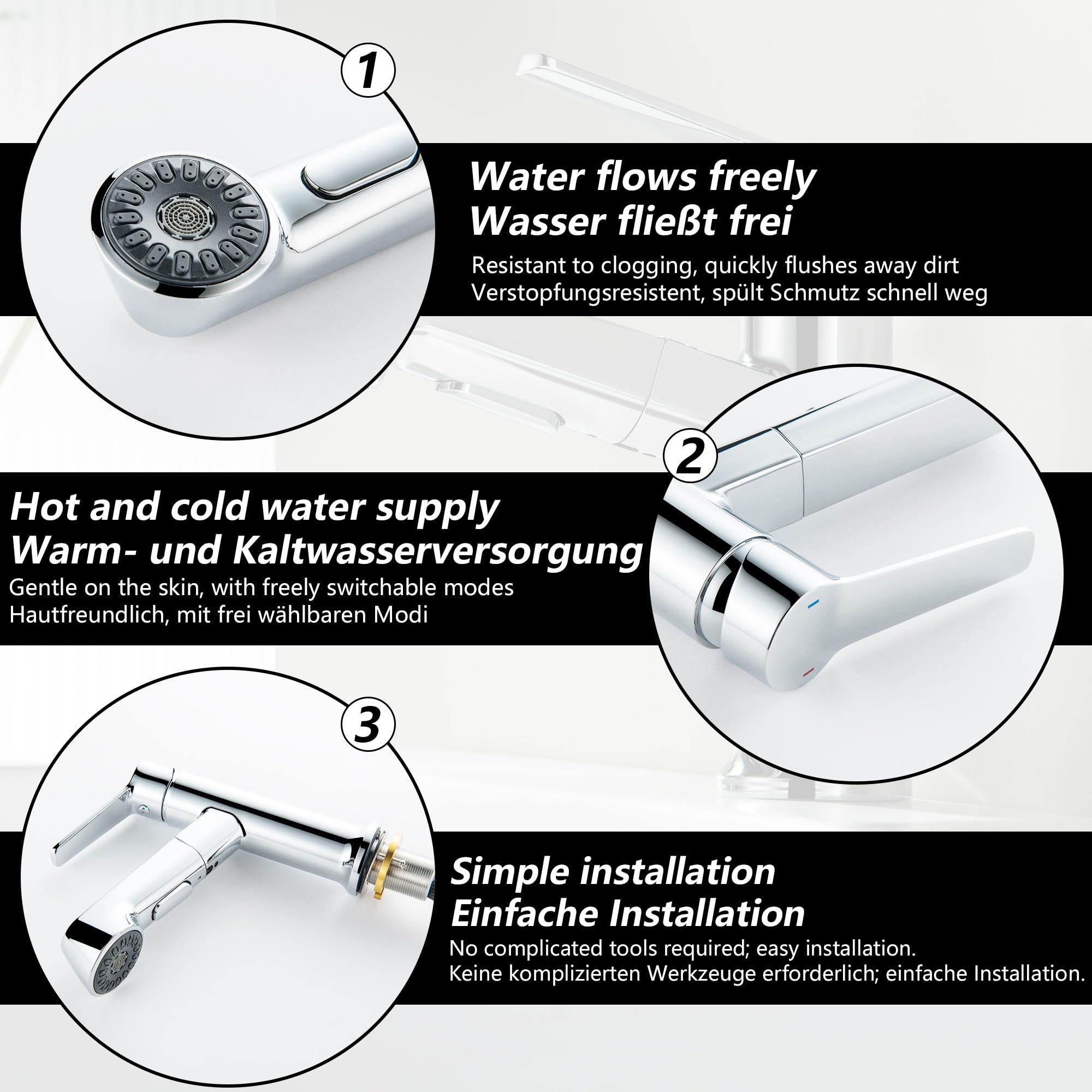 Waschtischarmatur ausziehbar mit Brause, Moderne Wasserhahn Bad Armatur mit 2 Strahlarten, Badarmatur Waschbecken Einhebelmischer für Badezimmer, Chrom