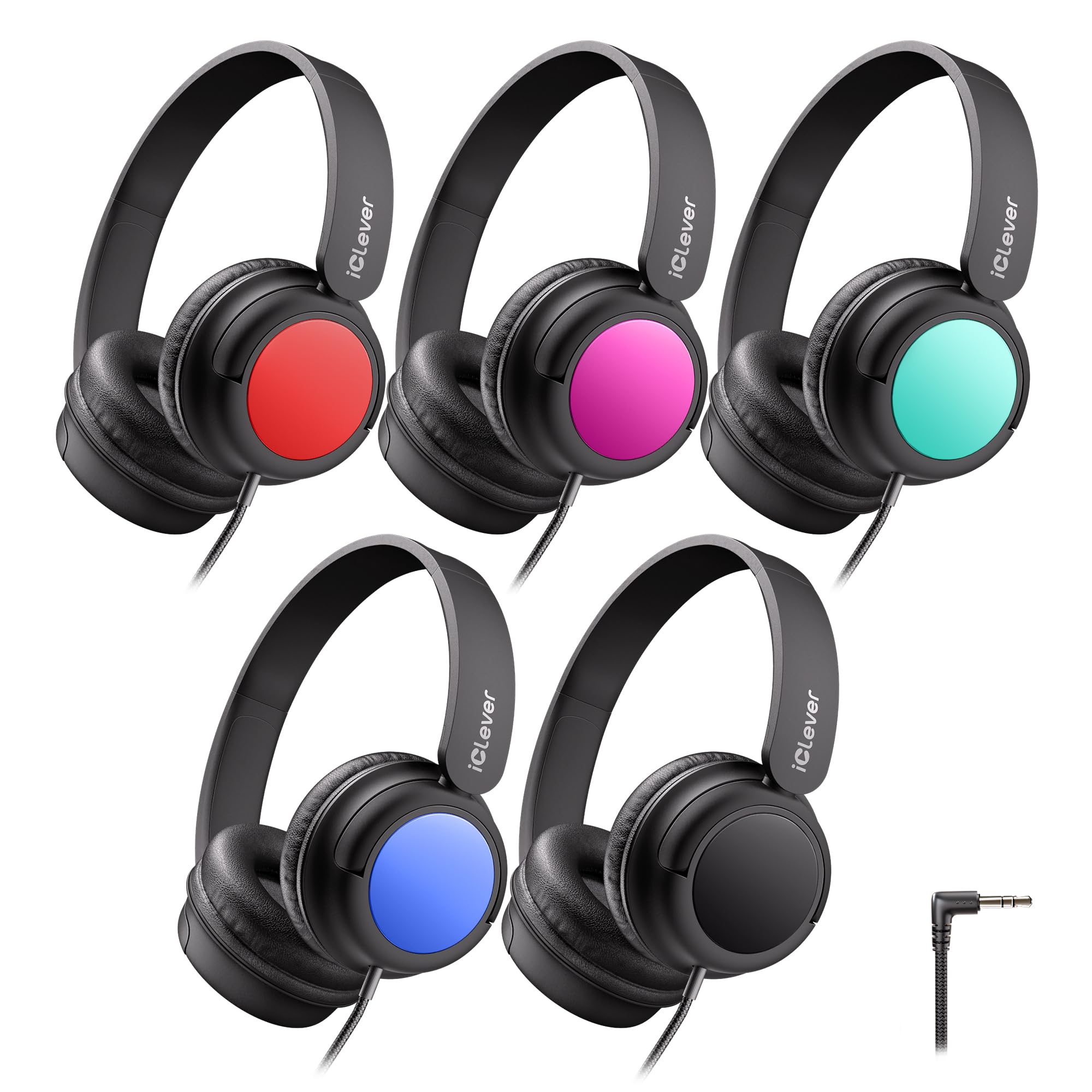 iClever Kids Headphones Bulk 5 Pack for Students K-12 & Teachers, Durable PP Material, 85dBA Safe Volume, Multiple Folding Options, Kids Wired