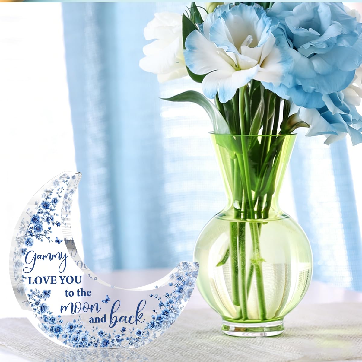Gammy Gifts, Mothers Day Birthday Gifts for Grandma, Moon Acrylic Desk Decorations, Retirement Appreciation Gift for Women Granny Nana, Blue Floral Acrylic Plaque for Office Bedroom Decor