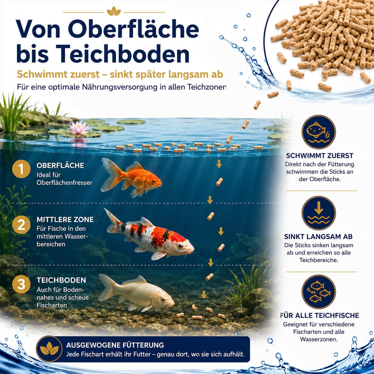 Fischfutter Teich 80L / 6,4kg – Teichfutter Sticks für Koi & Goldfische | Teichfischfutter & Koifutter – Alleinfutter für Kaltwasserfische, Ø 6mm, schwimmend & langsam sinkend, klares Wasser
