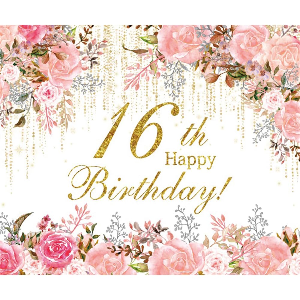 Pnylzzyxh Watercolor Floral 16th Happy Birthday Quinceanera Backdrop Wildflower Golden 16 Year Old Party Decorations Background Flower Bush Garden