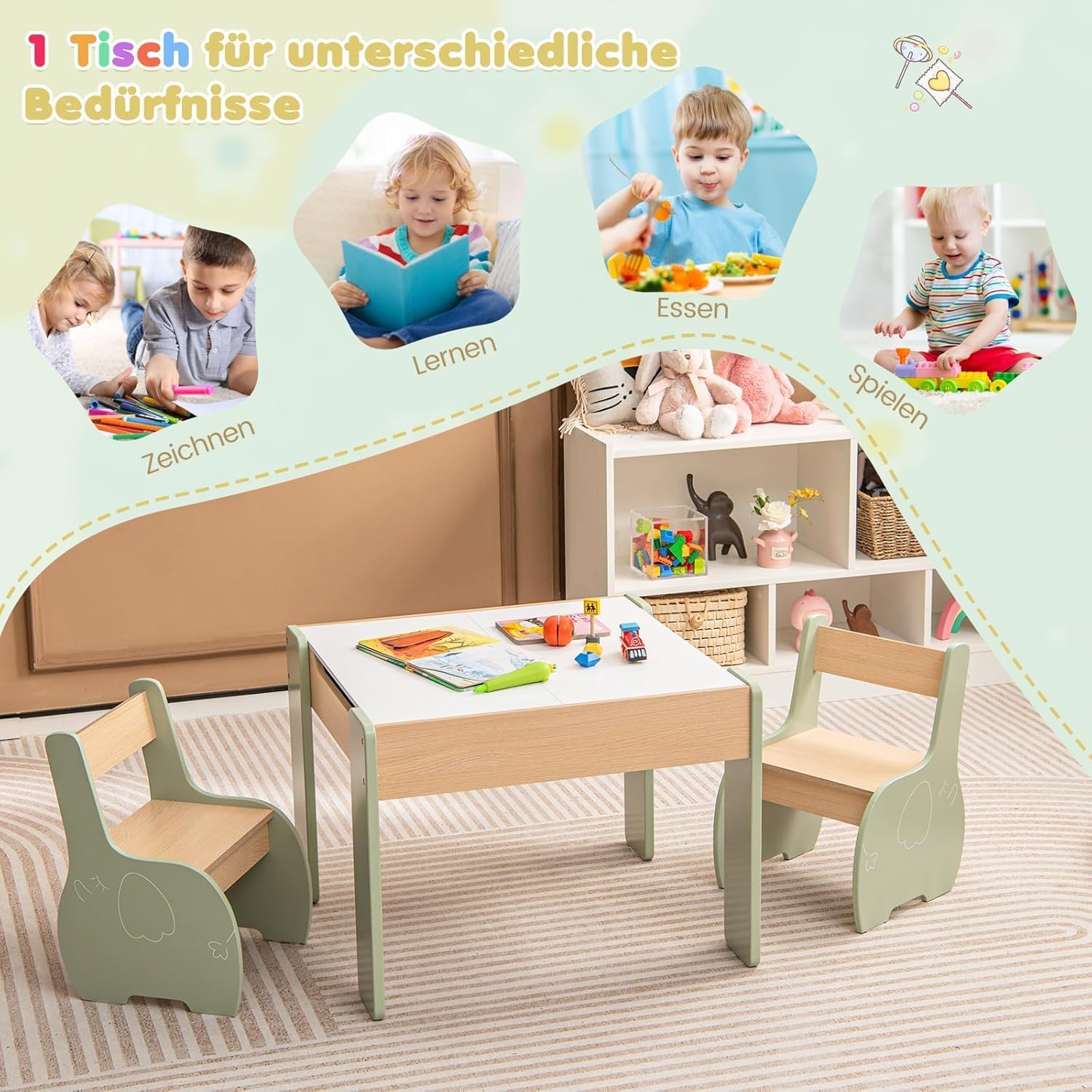 FANTASK Kindertisch mit 2 Stühlen, 3 teilige Kindersitzgruppe aus Holz mit wendbarer & abnembarer Tischplatte, Grün