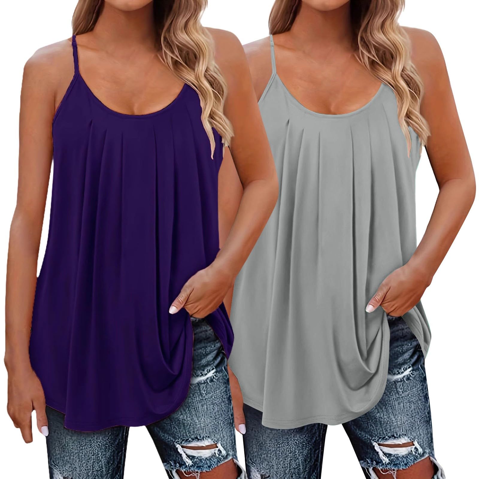 Generico Confezione da 2 Canottiera Donna Spalline Sottili Girocollo vestibilità Larga Tops Estivo Senza Maniche Taglie Forti Canotta Elegante Casual Blusa Leggera Comoda Tinta Unita