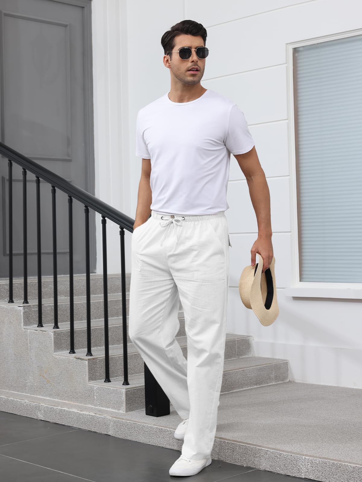 Pantalon Lin Homme Pantalon de Loisir Ample Pantalon Été Léger pour Homme avec Poches Ceinture Élastique et Cordon de Serrage