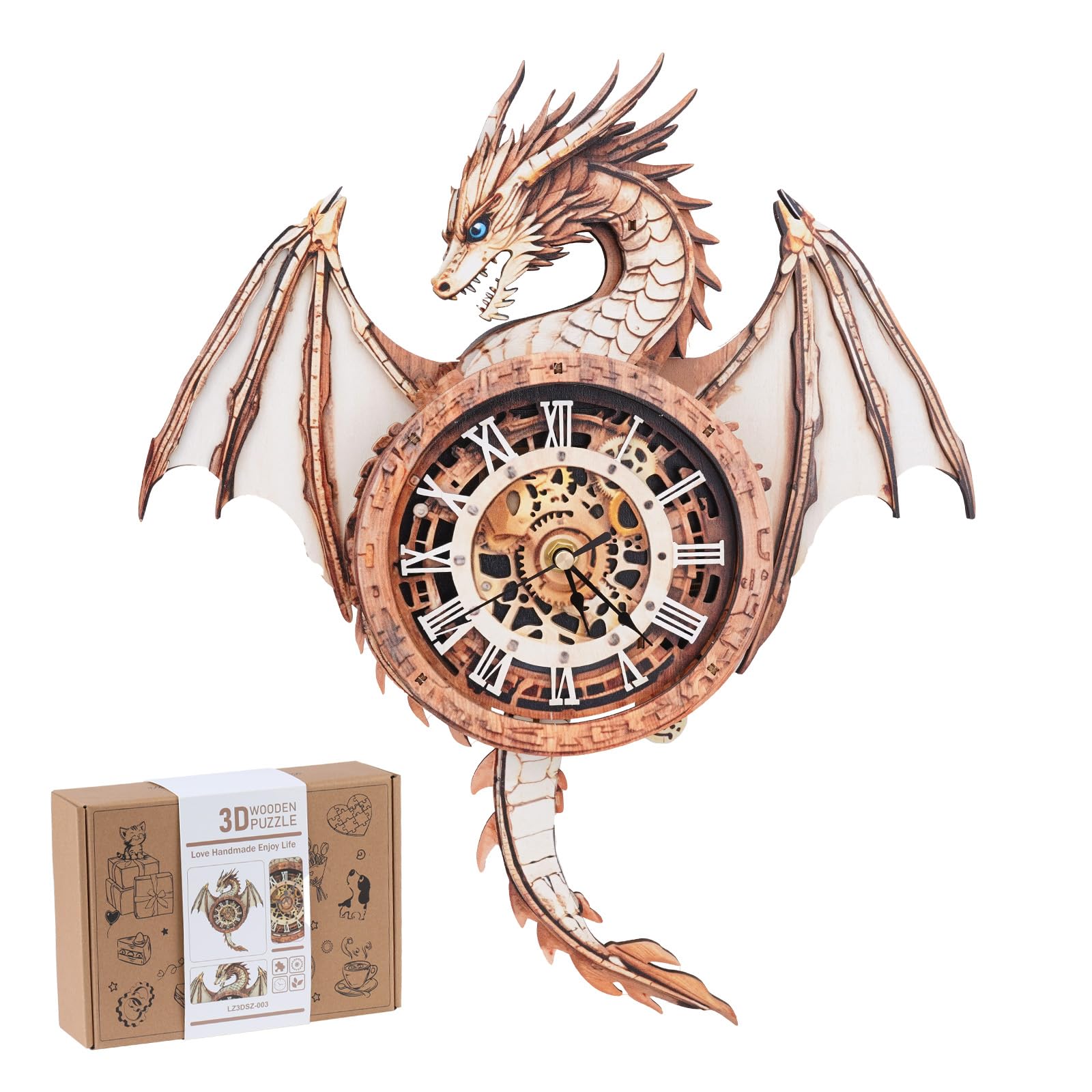 Rnfinewow 3D Puzzles for Adults, 3D Puzzle Dragon Clock Kit (with Pendulum), Wooden Puzzles for Adults Home Wall Decor Dragon Clock Christmas Day