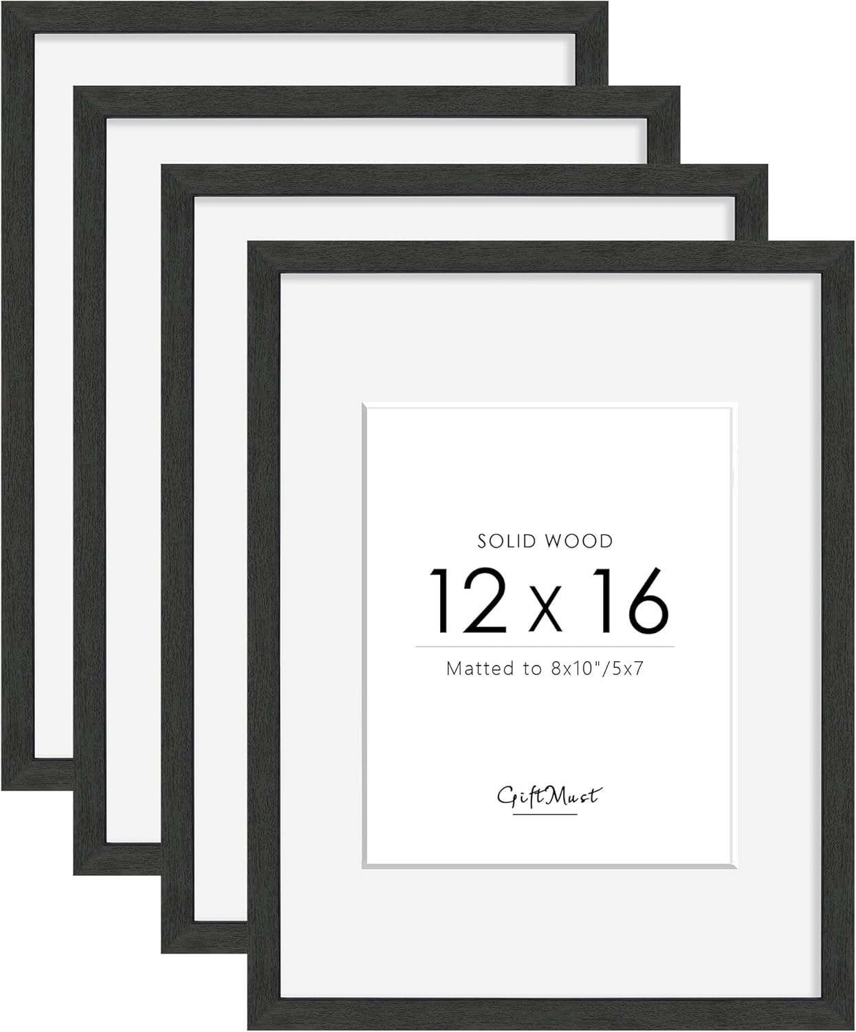 12x16 solid wood poster frame set of 4, natural wood picture frame with two paper mats, display picture 8x10 or 2-5x7 with mat, 12x16 without mat, wall mounting display, black 12x16" black wood grain