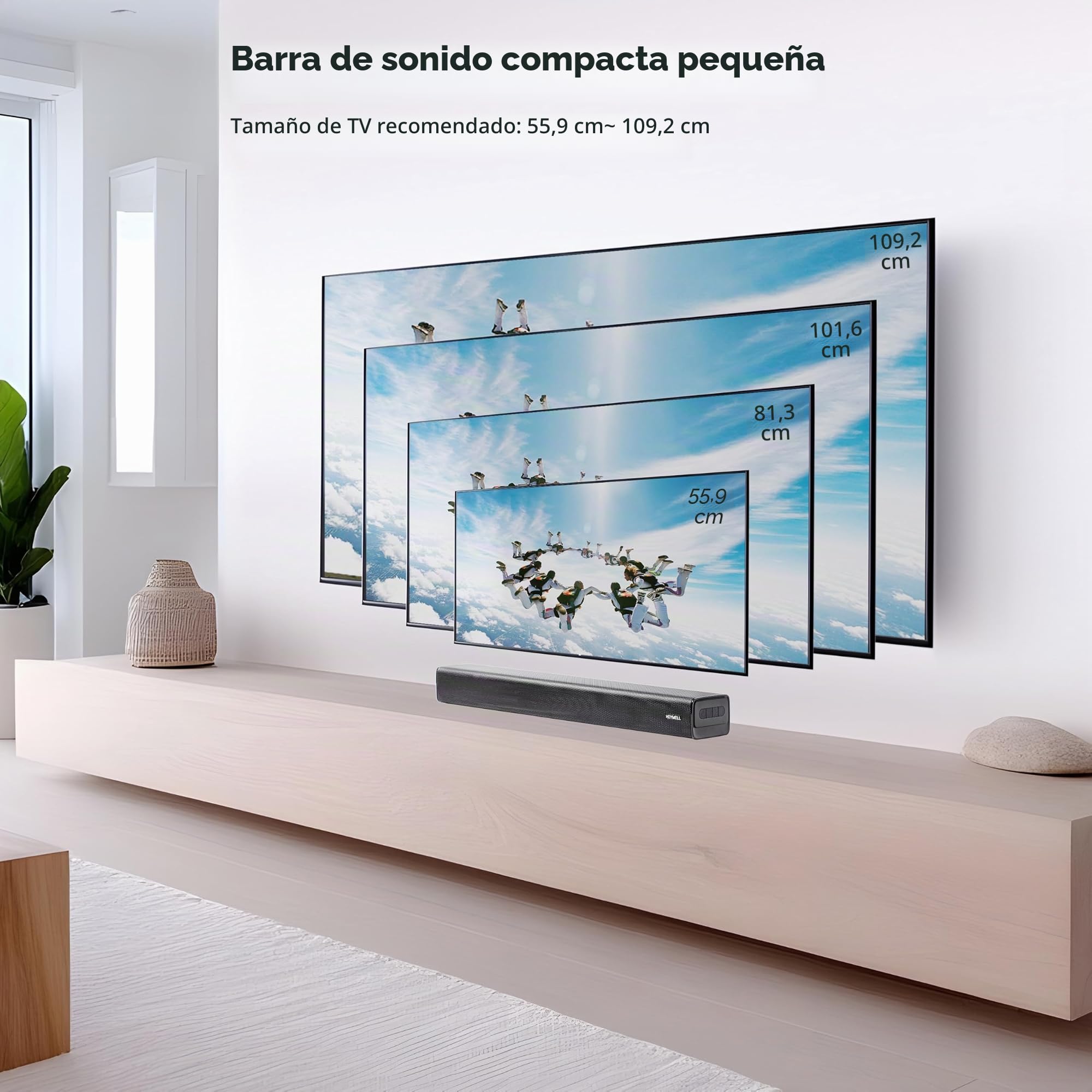 Compact Pequeño 60cm 2.1ch Barra de Sonido TV/Bluetooth/PC/Proyector,120W Soundbar con subwoofer Integrado, Mejorador de Diálogo Altavoz TV Óptica/Aux.