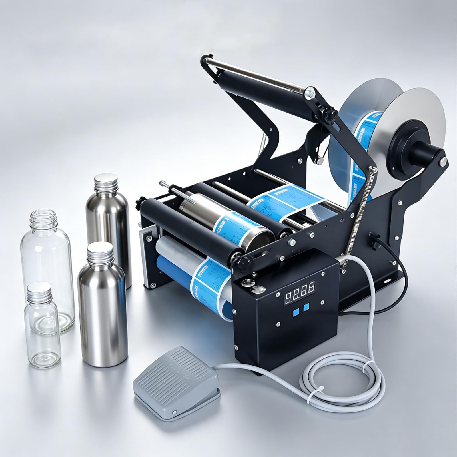 MIAOXIAOLONG Semi-Auto Bottle Label Applicator,Round Bottle Labeling Machine,Labeler Circular Plastic Bottle Labeling Machine,30-40pcs/Min,for 0.79-3.94 Inch Bottle Diameter 110V-Standard
