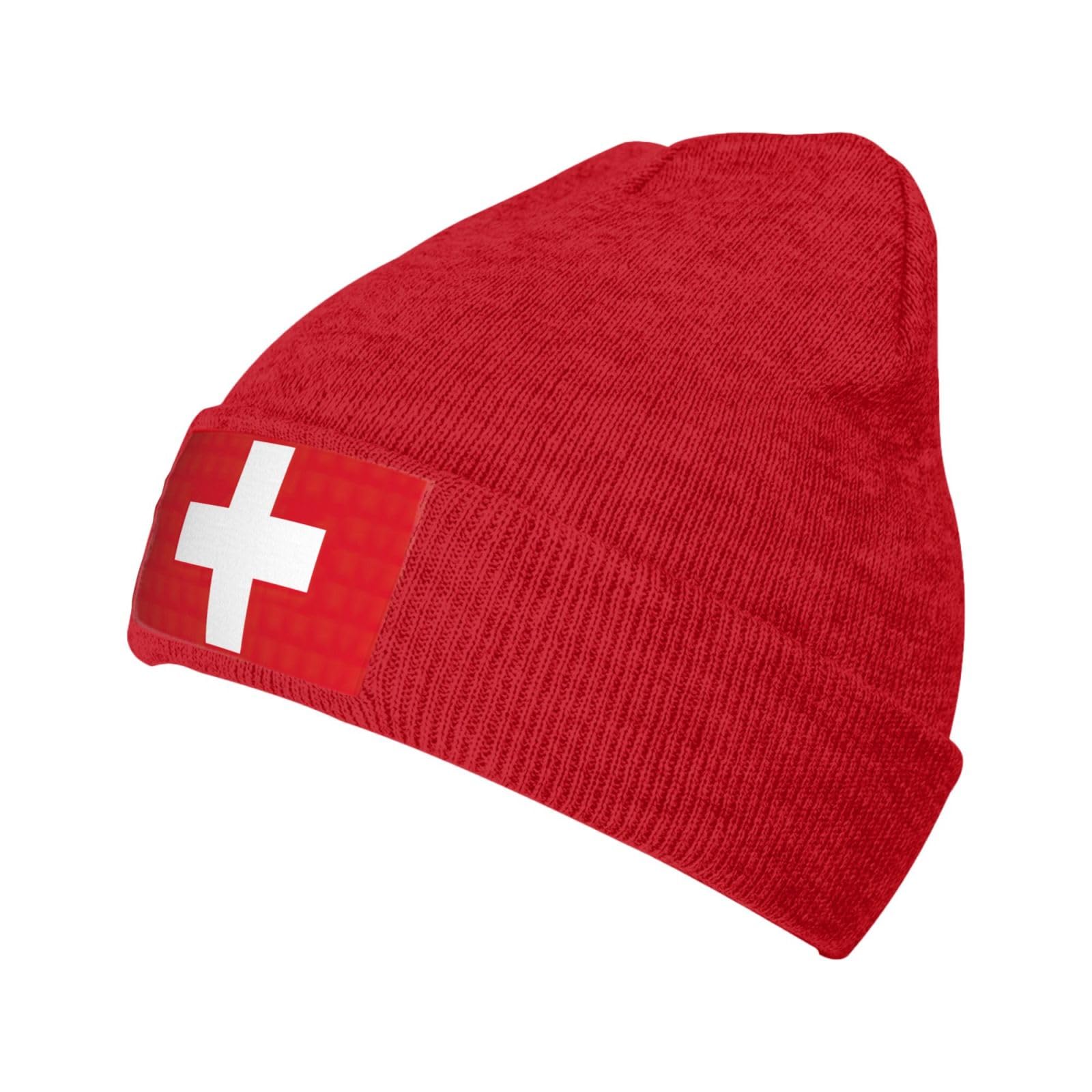 Sdegtho Unisex Red Swiss Flag Slouchy Beanies For Winter Lightweight Knit Hat Cuffed Soft Warm Slouch Beanie Cap