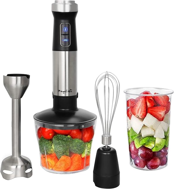 Megachef MC-158C 4 in 1 Multipurpose Immersion Hand Blender with Speed Control and Accessories, 4in1, Silver