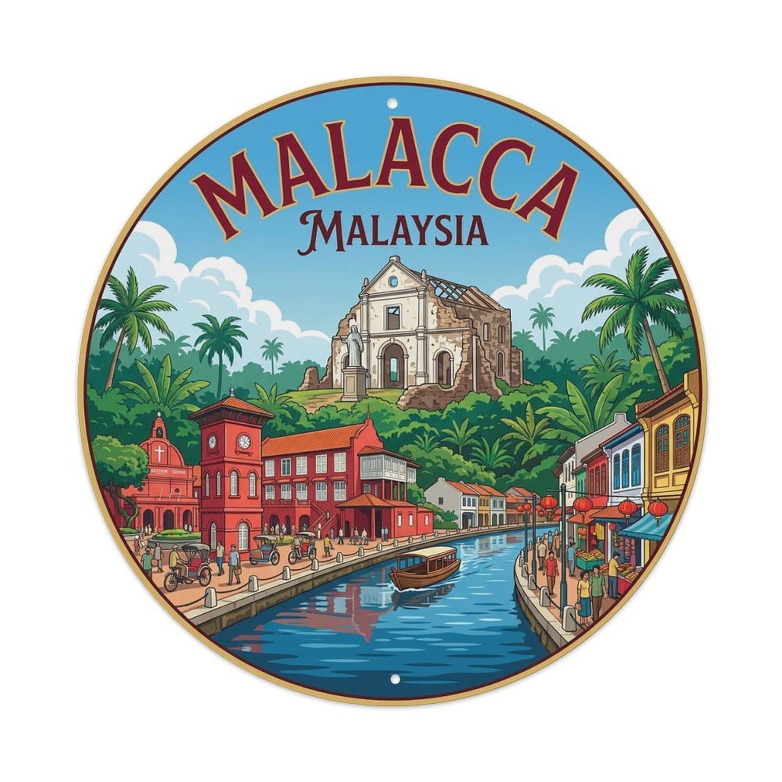 Malaysia Vintage Travel Malacca Vintage Metal Tin Sign Plaque Wall Decor for Cafe, Club Bar, Office, Garden Metal Poster 8x8Inch
