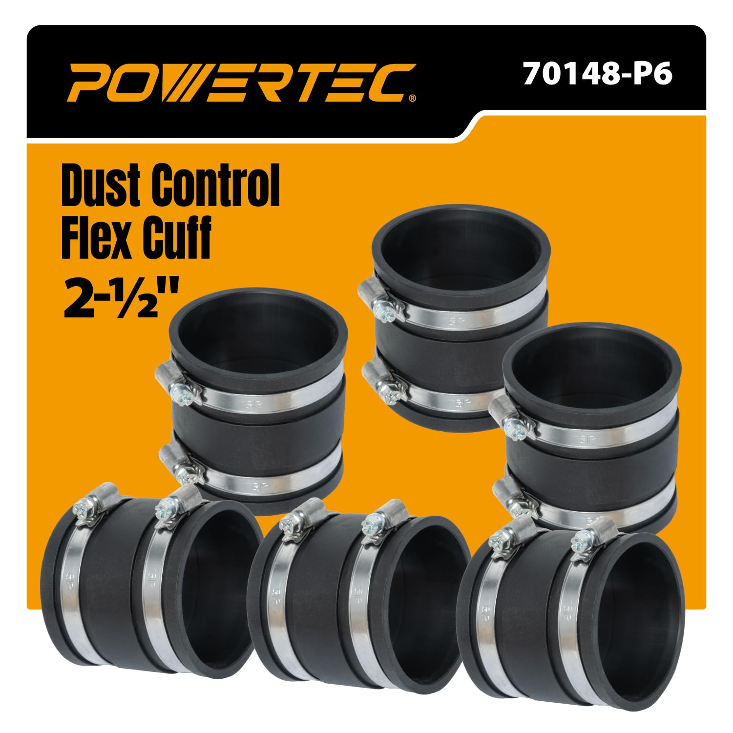 POWERTEC 70148-P6 2-1/2 Inch Dust Control Flex Cuff with Steel Hose Clamps, Hose Connector Rubber Cuff Coupler for Woodworking Dust Collection Fittings, Dust Collector Accessories &amp; Machinery, 6 PK