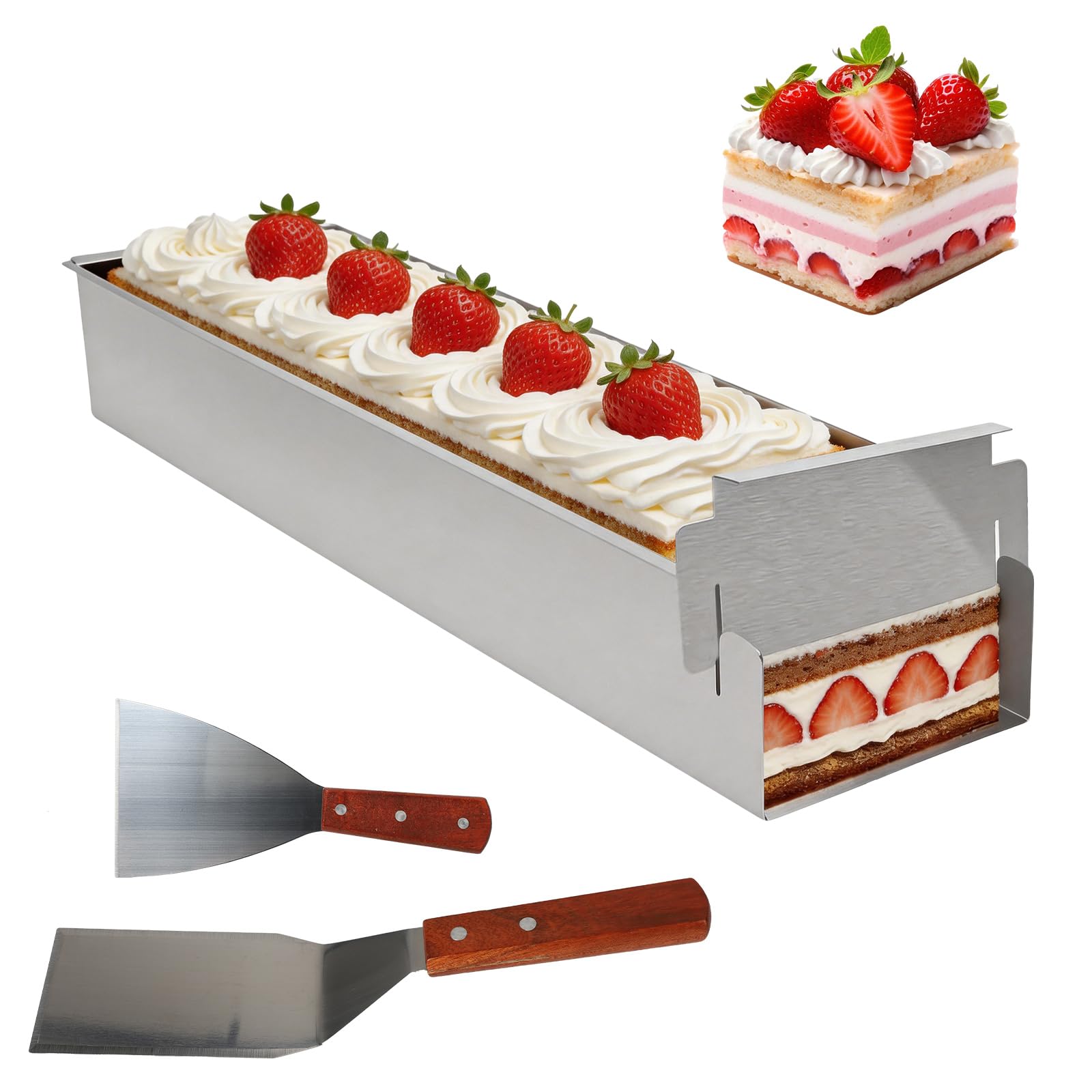 Backrahmen Rechteckig Verstellbar Tiramisu Kuchenform, 42cm Antihaft Backform aus Aluminiumlegierung mit Abnehmbares Seitenteil und 2 Pfannenwender für Torten Kuchen Brownies Käsekuchen Lasagne