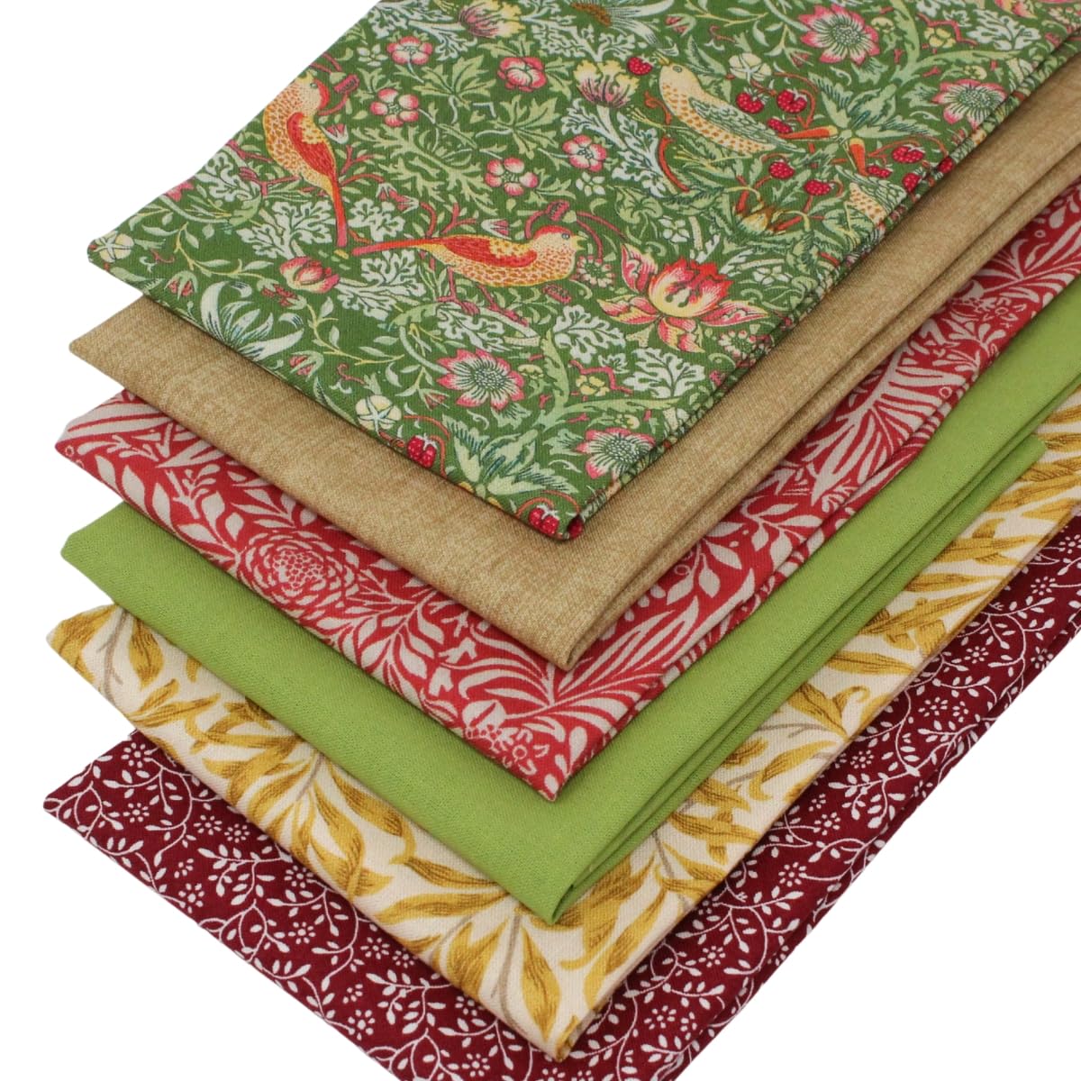 6 Fat Quarters Bundle - 'William Morris – Strawberry Thief Green' Fabrics In Green, Ochre & Terracotta. 100% Cotton for Quilting, Patchwork & Crafting (with free patchwork pattern by Overdale Fabrics)