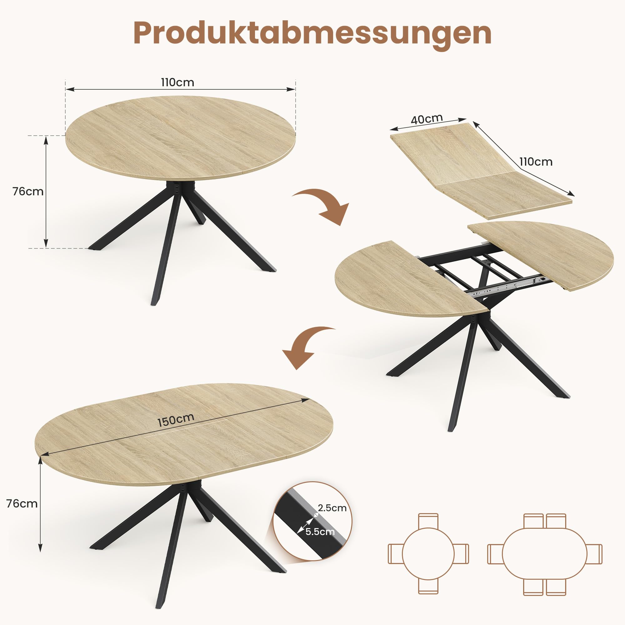 APICIZON Esstisch Ausziehbar, Esstisch 110-150 x 76cm für 4-6 Personen