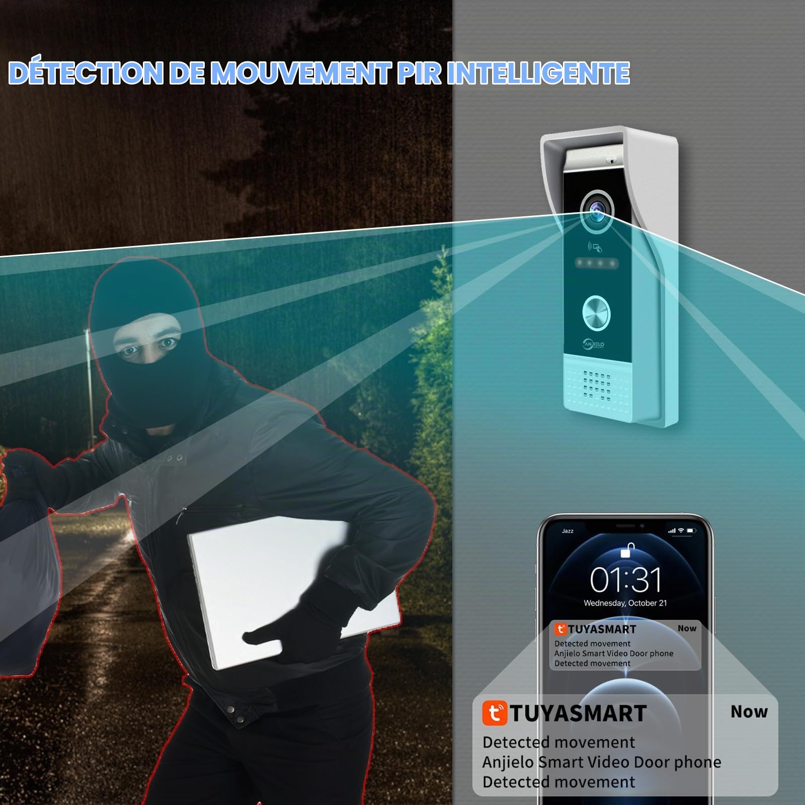 ANJIELO SMART TUYA Interphone vidéo (filaire), sonnette vidéo 1080p avec écran tactile 7", prise en charge de la détection de mouvement, plusieurs méthodes de déverrouillage (2)
