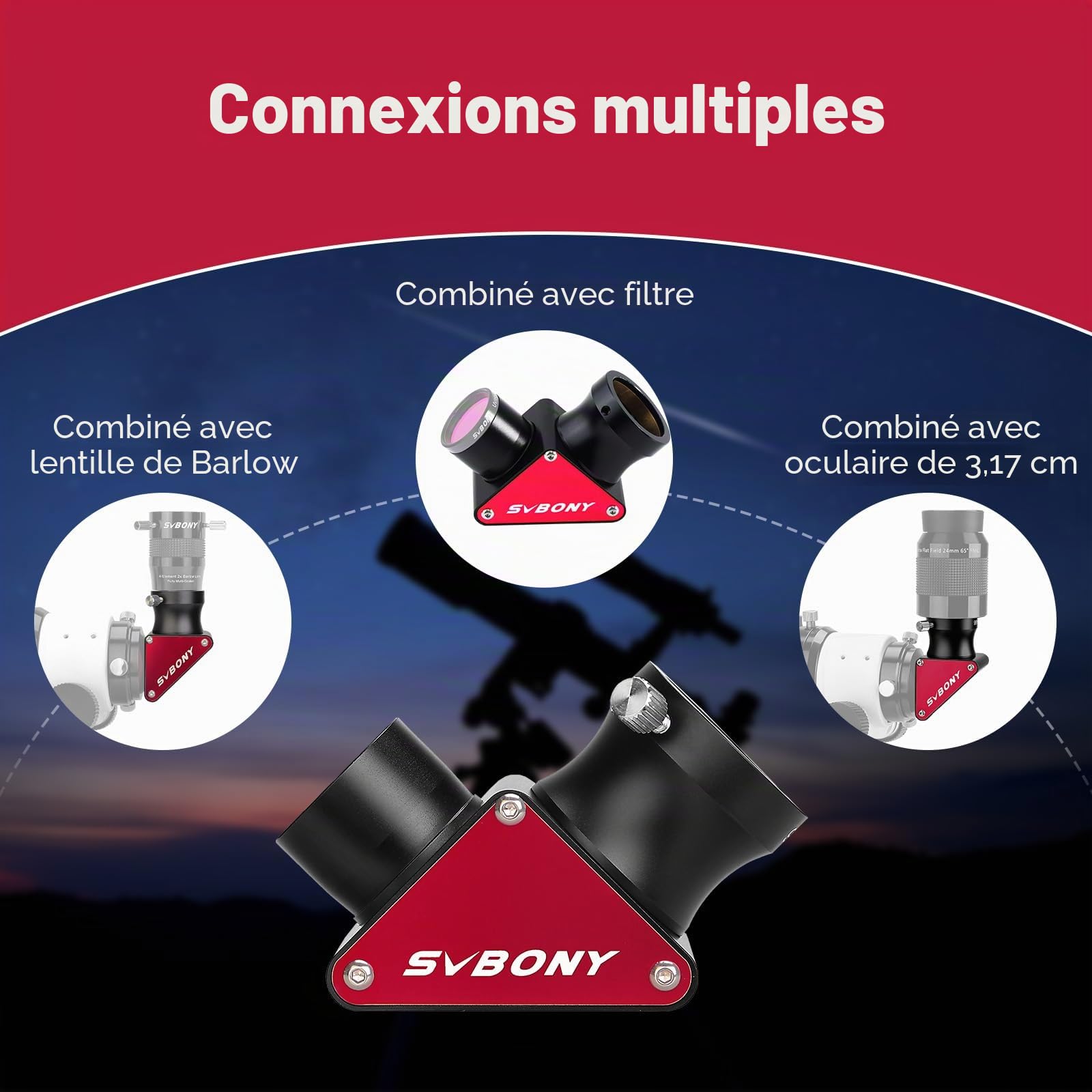 Svbony SV188P Diagonal Miroir, 1,25” 90° Adaptateur Diagonal Diélectrique, 99% de Réflectivité Image Érigée Miroir Diagonal, Métal Accessoires de Télescope pour Vision du Ciel Profond Planétaire