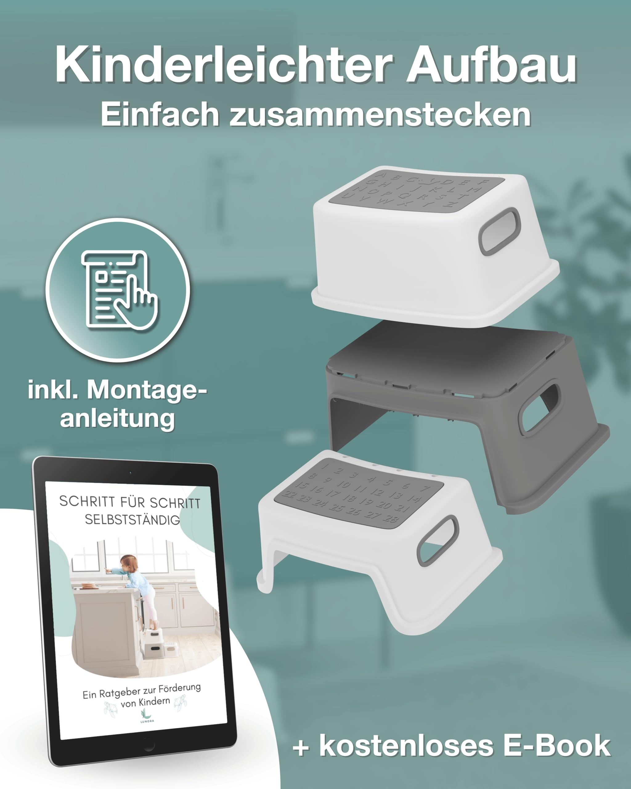 LUNORA StufenHeld Das Original | Der sichere Kinder Tritthocker mit Anti-Rutsch-Füßen & – Trittstufen | Hochwertiger Tritthocker Kinder 2 Stufen stabil & leicht für jeden Raum geeignet