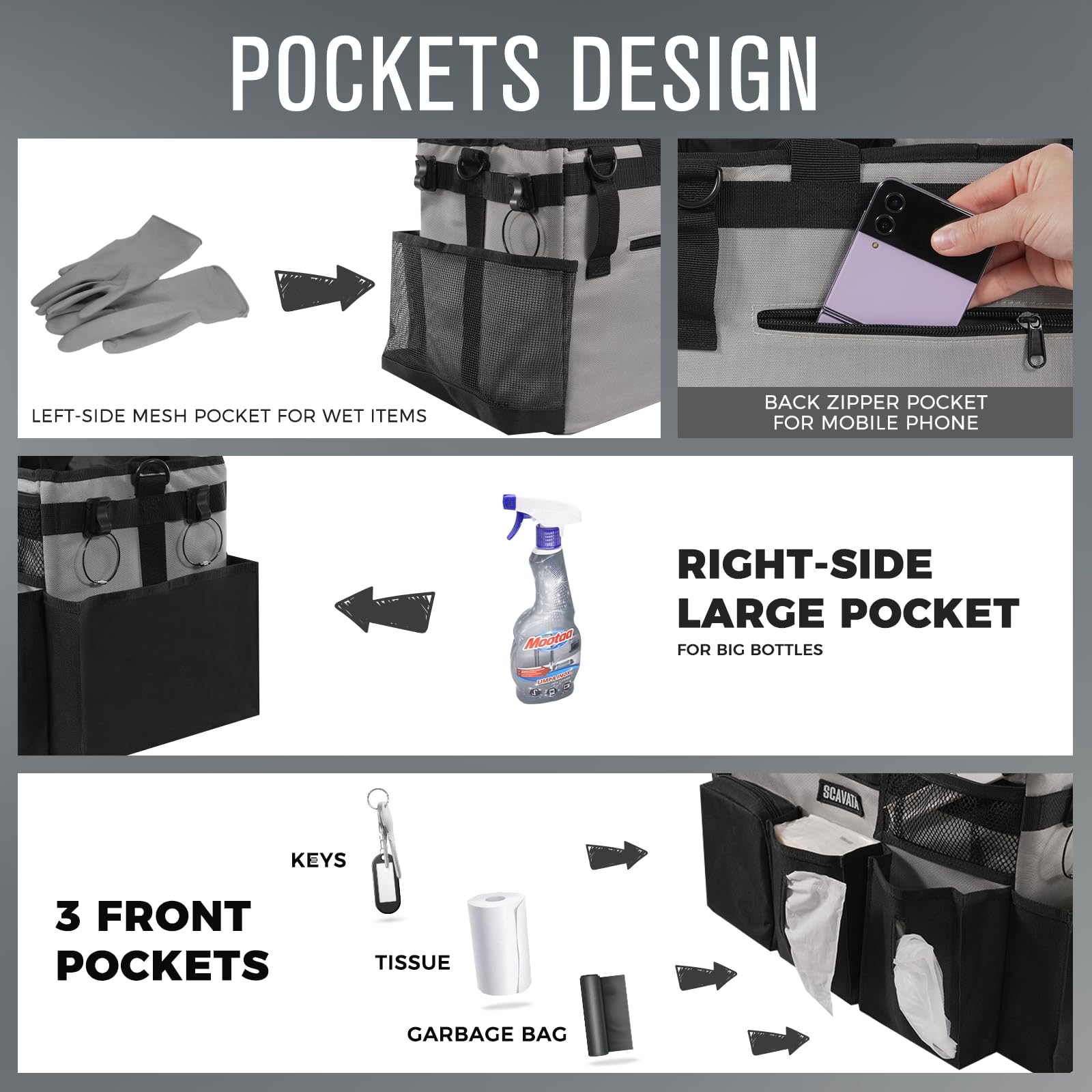 SCAVATA Cesta de Limpieza portátil, Organizador de Suministros con asa y Tirantes para Mujeres de Limpieza, Debajo del Fregadero y el Coche, con 4 separadores Plegables (Negro Gris)