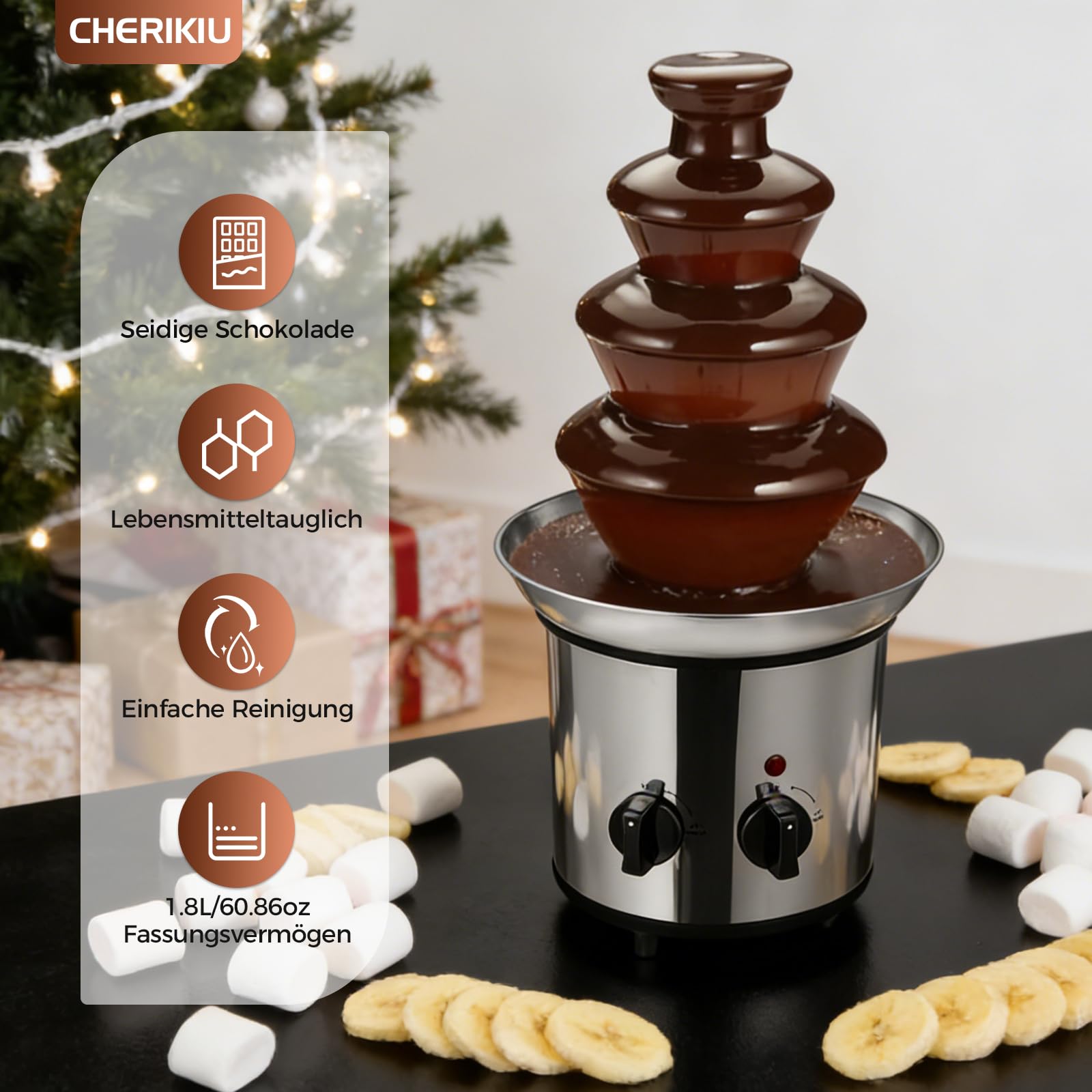 4-Etagen Schokobrunnen mit Schmelzfunktion, 170W Elektrisch Schokoladenbrunnen Schokoladenfondue Maschine, 1.8L/60.86oz Kapazität Edelstahl Schokoladen Brunnen für Familie Party Geburtstag Hochzeitd