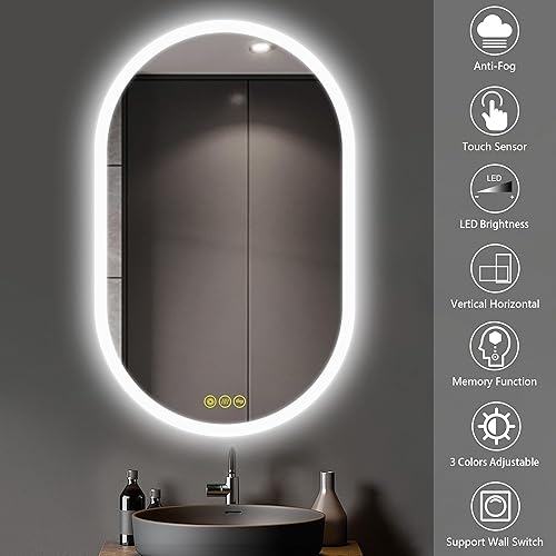 Miniatura 2 de Espejo ovalado LED para baño, 24 x 36 pulgadas, montaje en pared, 3 colores, regulable continuo, antivaho, retroiluminado, borde esmerilado sin