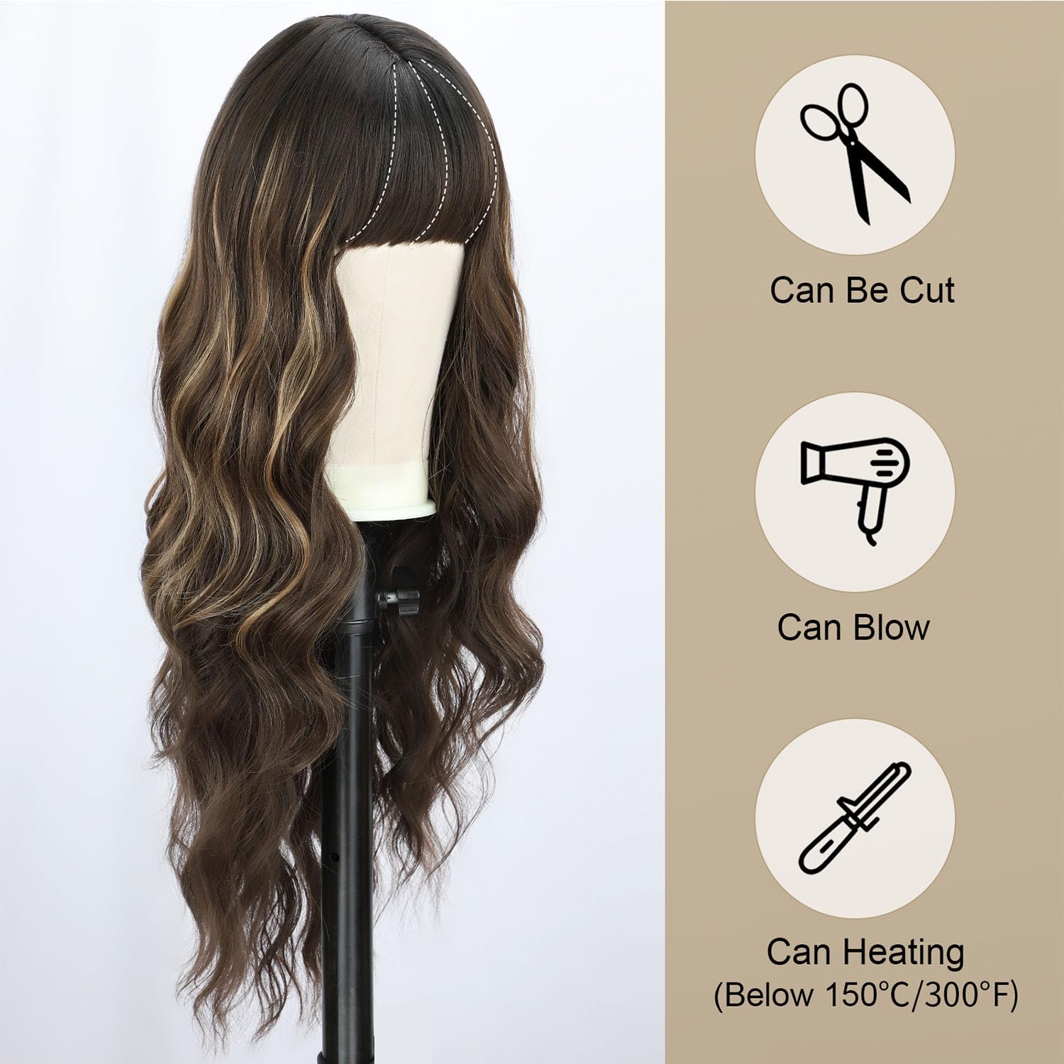 BOGSEA Brown Wigs with Bangs Long Wavy Wig for Women Brown Highlights Wigs with Bangs Synthetic Heat Resistant Fiber Wigs for Daily 26 Inch - Image 4