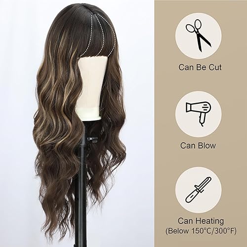 Miniatura 4 de BOGSEA Pelucas marrones con flequillo, peluca larga ondulada para mujer, pelucas de reflejos marrones con flequillo, pelucas de fibra sintética