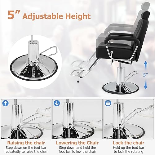 Miniatura 6 de Giantex Silla de peluquería reclinable, silla de salón para estilista, respaldo reclinable, giro de 360 grados, ajuste de altura, bomba hidráulica