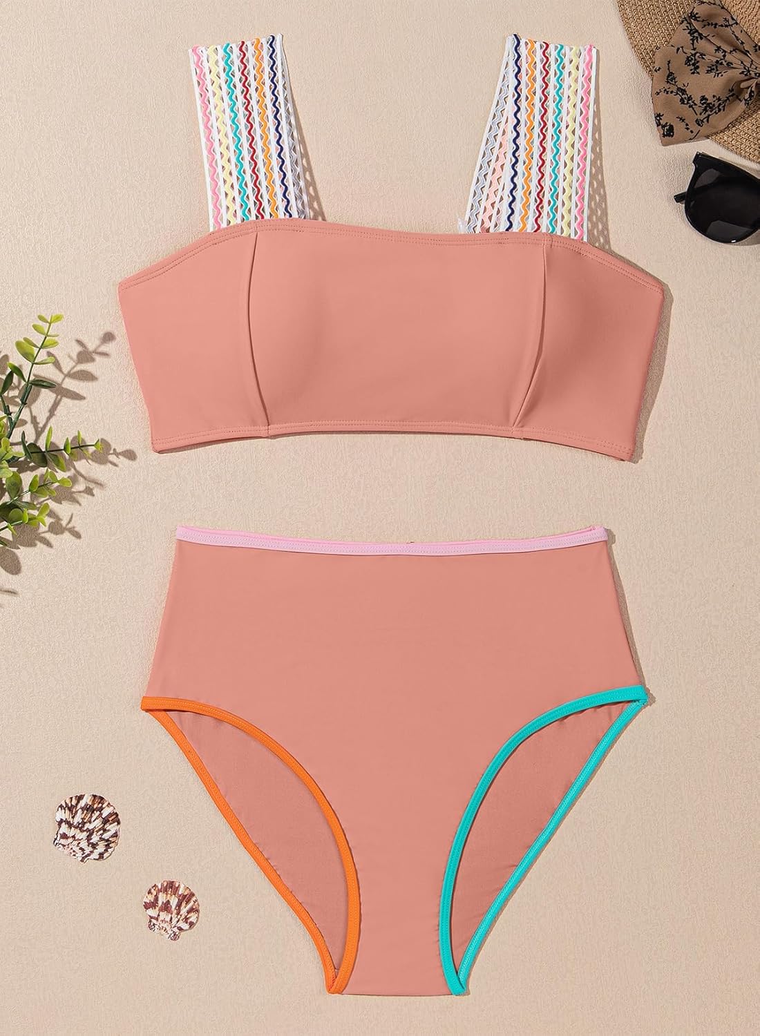 Herseas Women's Bikini Sets Colorblock Wide Strap 2 Piece Swimsuits High Waisted Square Neck Bathing Suits