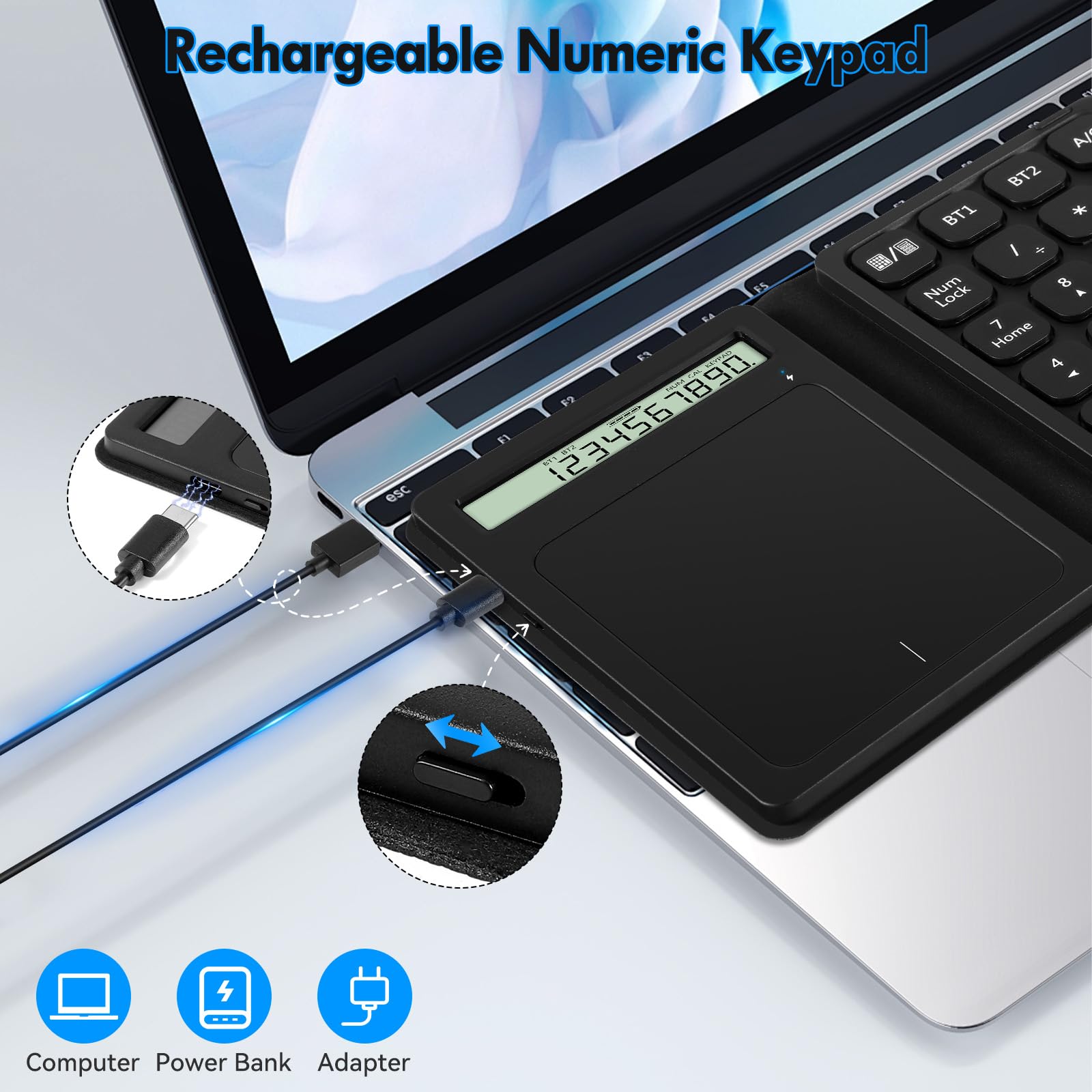Tastiera numerica Bluetooth, Wireless Tastierino Numerico con display e touchpad calcolatrice pieghevole contabilità finanziaria sottile tastierino numerico portatile per Desktop Laptop Tablet