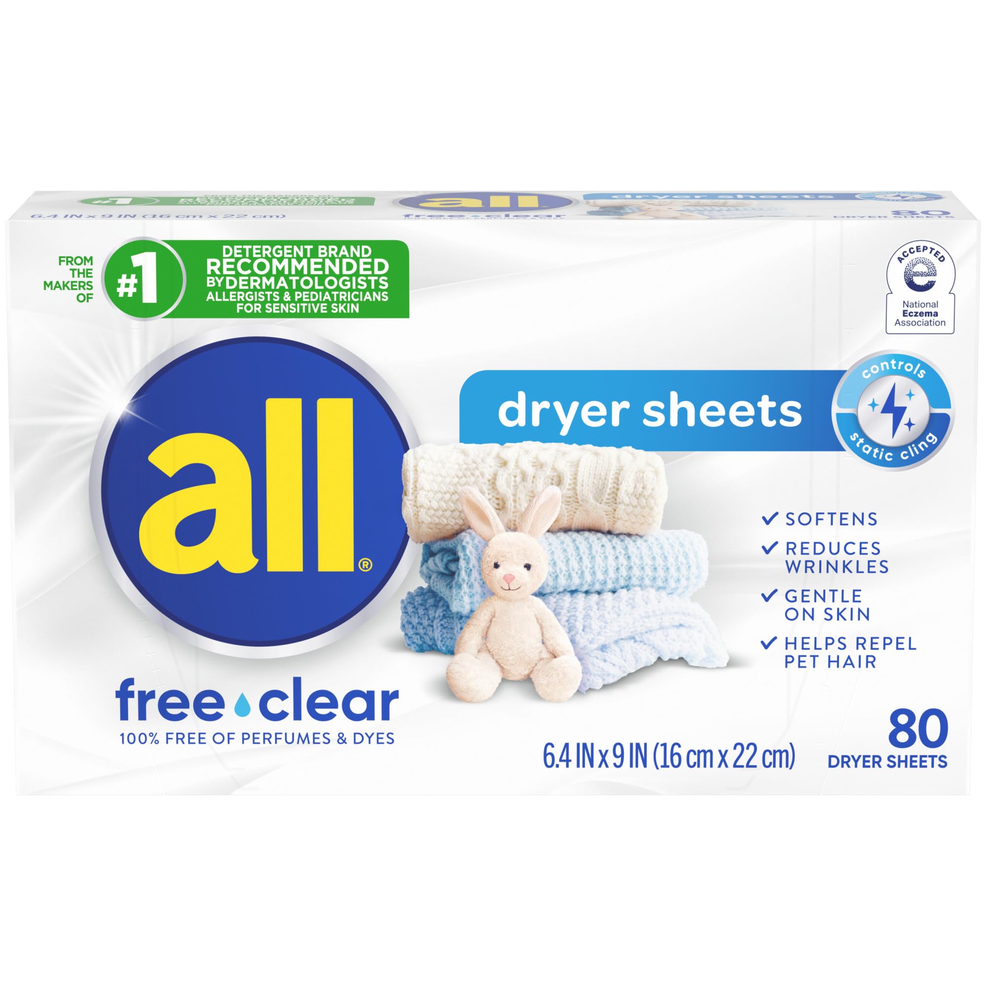 Fabric Softener Dryer Sheets for Sensitive Skin, Free Clear, 80 Count