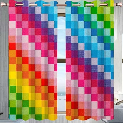 Cortinas de cuadros arcoíris para sala de estar, juego de 2 paneles de cortinas decorativas de habitaciones de 55 pulgadas de ancho x 55 pulgadas de