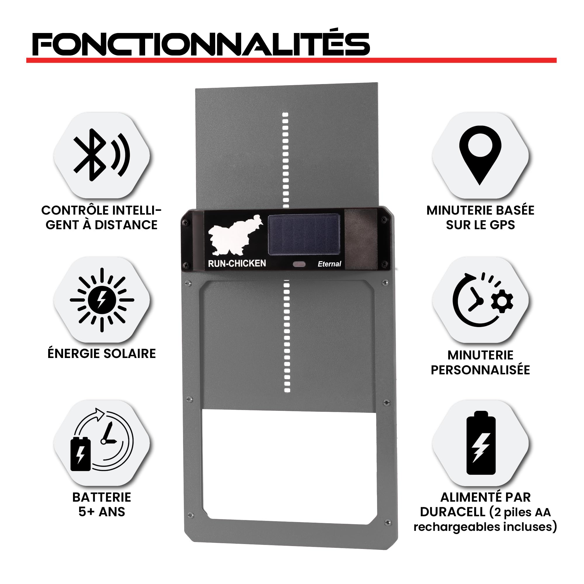 Run-Chicken Porte (Gris) Poulailler Automatique à énergie Solaire, Fonctionne avec Piles, ouvre-Porte électrique programmable avec minuteur, capteur de lumière, modèle Eternal