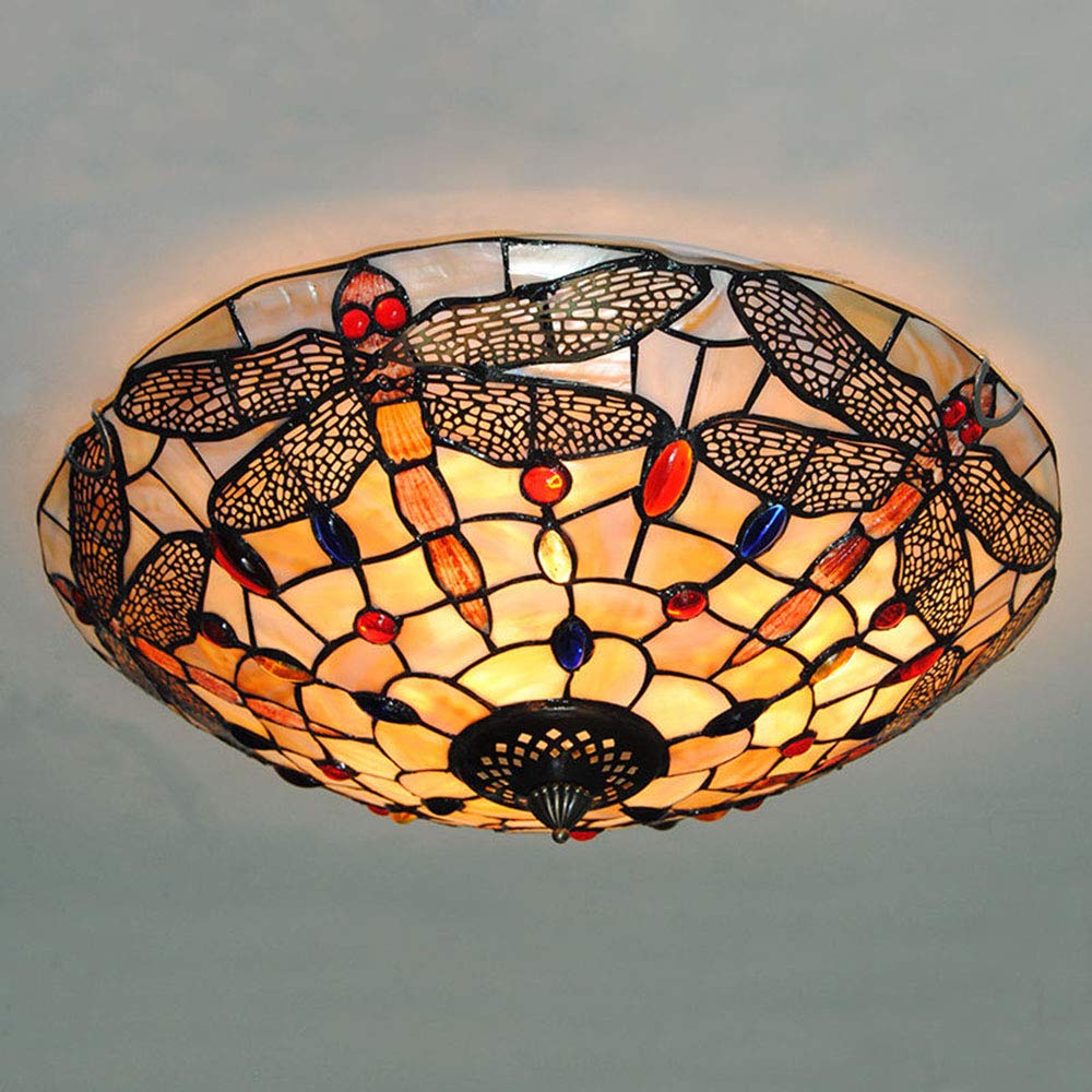 Tiffany Glass Ceiling Light, 16 Inch Retro Flush Mount Fixture Lights Handmade Shade Vintage Multicolor Lighting Lamps Hanging Pendant Lamp Fixture Stained Glass Ceiling Light Bedroom Chandelier