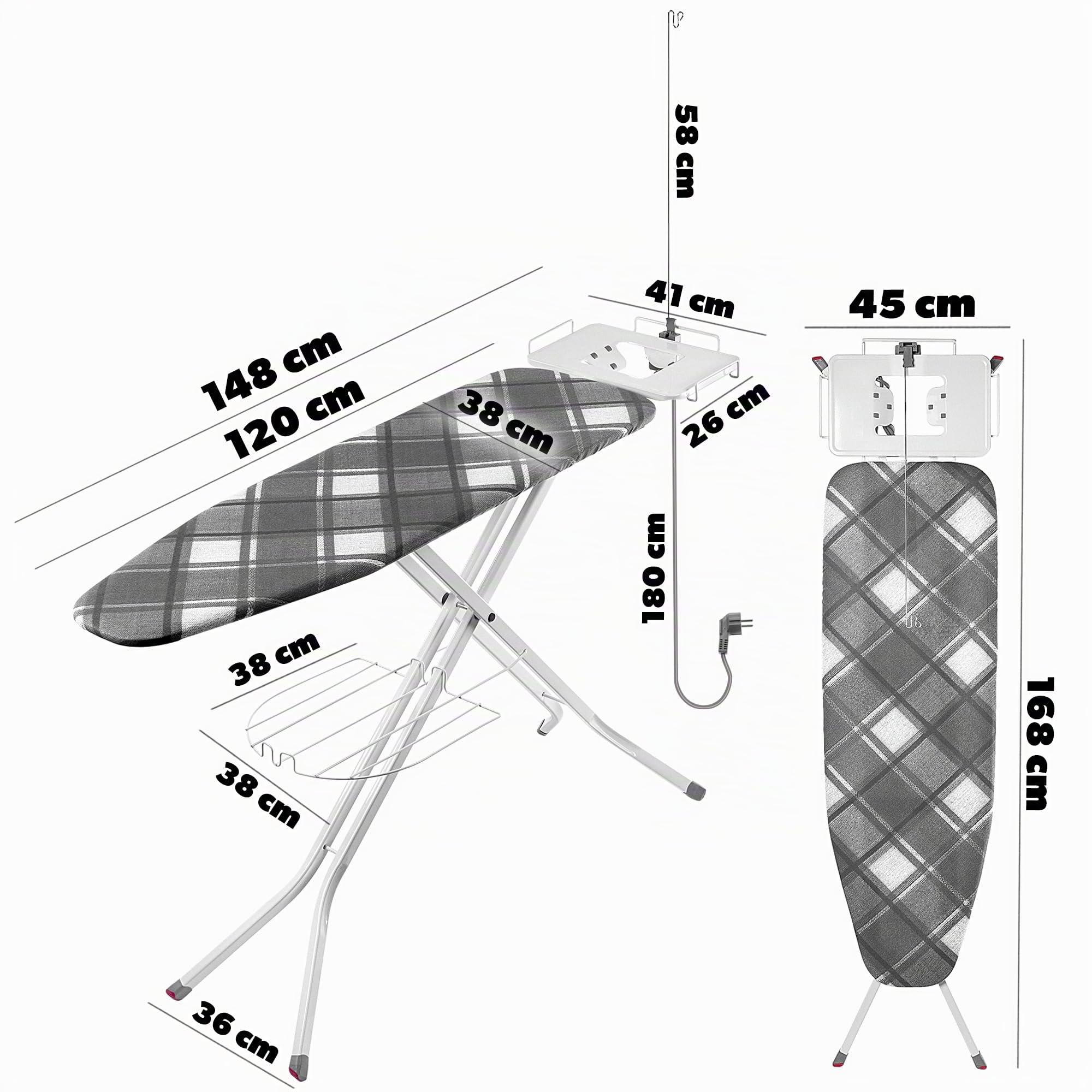 KADAX tabla plegable, 120 x 38 cm, con enchufe y pies antideslizantes, altura ajustable, bandeja para plancha (planchar)