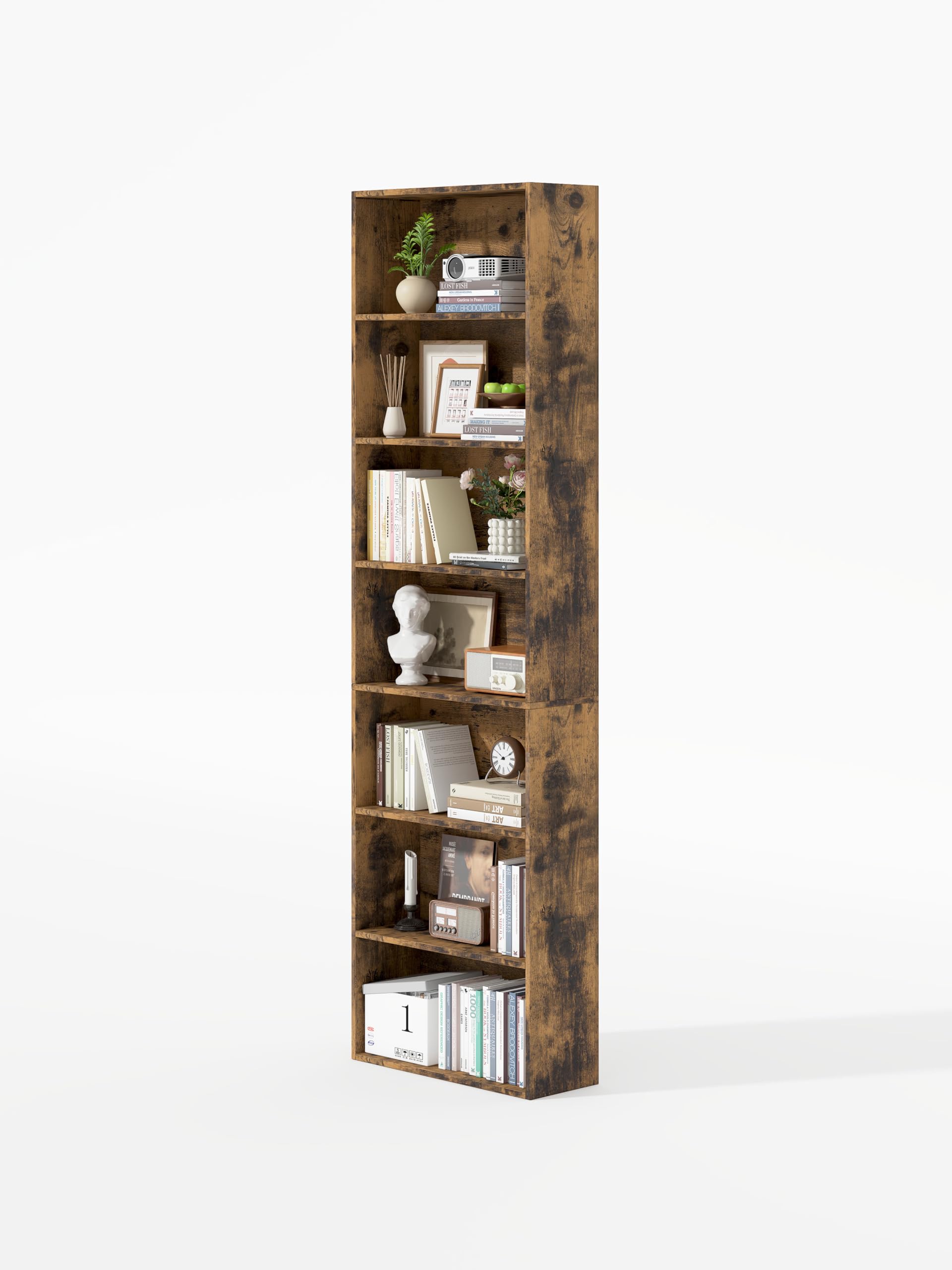 Garvis Standregal 7 Ebenen | 60 cm breit, 210 cm hoch | Offenes Bücherregal Weiß Schwarz Eiche | Büroregal Wohnzimmer (Rustikal)
