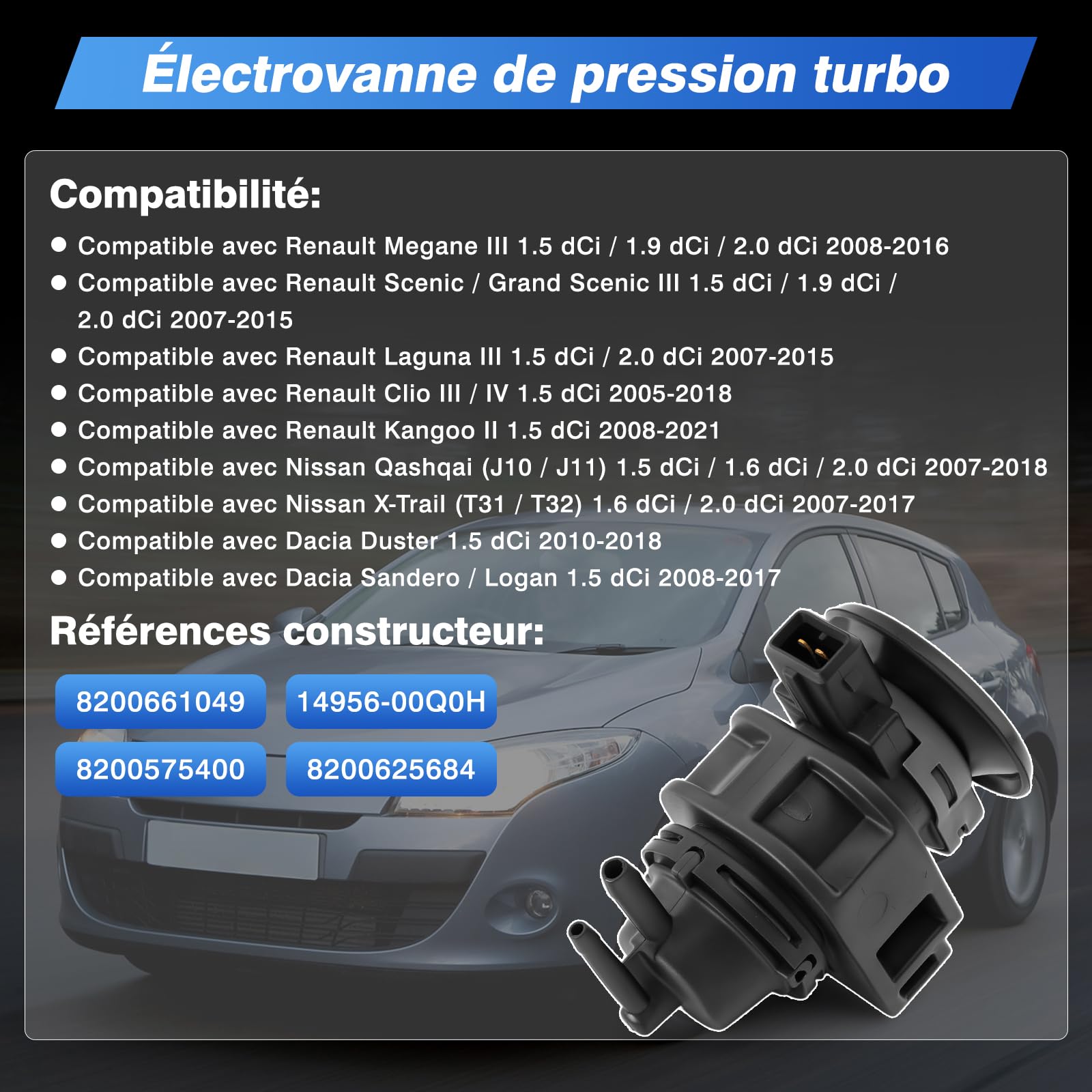 Baceyong Soupape solénoïde de pression Turbo pour contrôle de décharge de Vide 1.5 2.0 dCi compatible avec Clio Megane Twingo Scenic Kangoo Laguna Duster Sandero Logan, OE 8200661049 14956-00Q0H