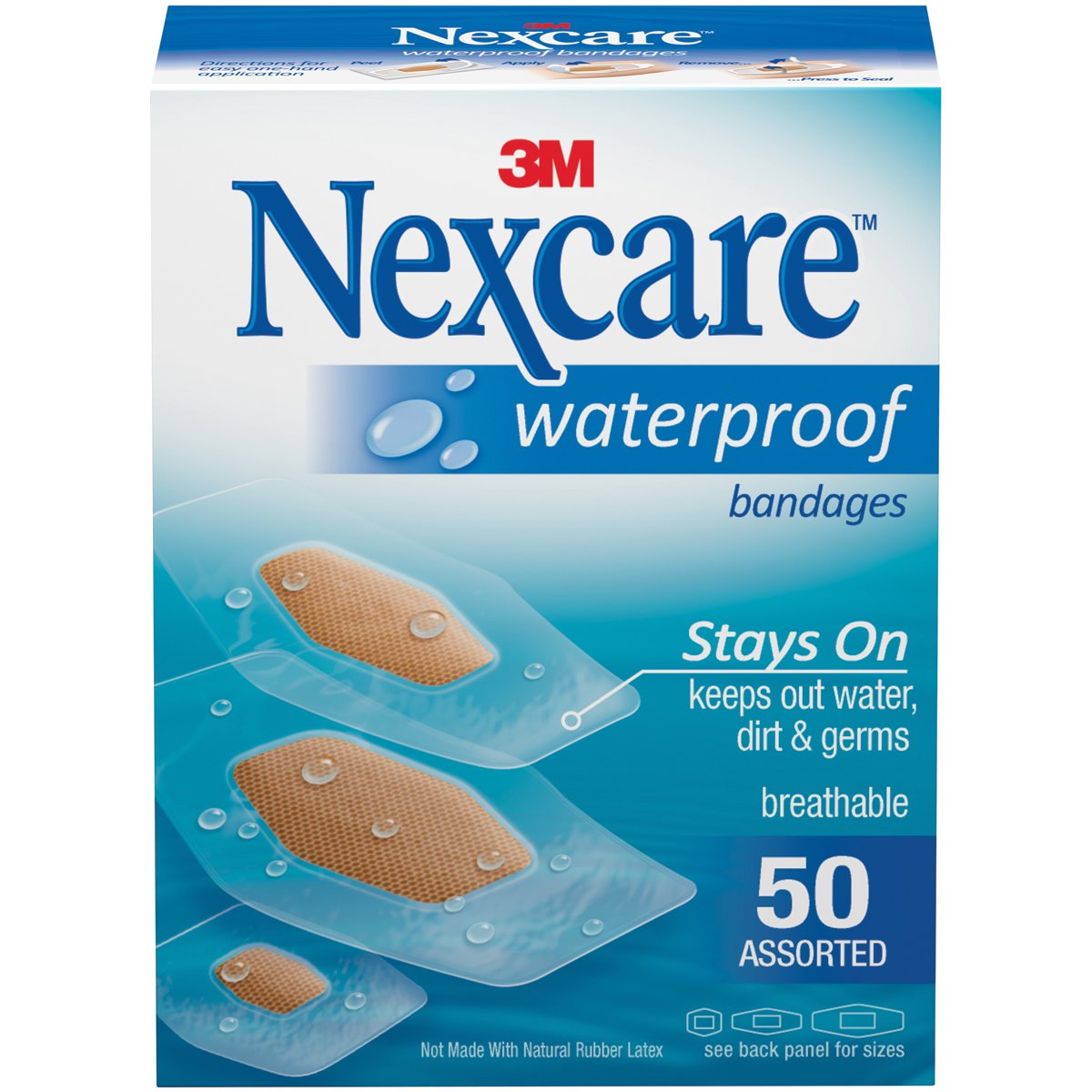 Nexcare Waterproof Clear Bandages, Seals Out Water, Dirt and Germs, Assorted Sizes, 50 Count