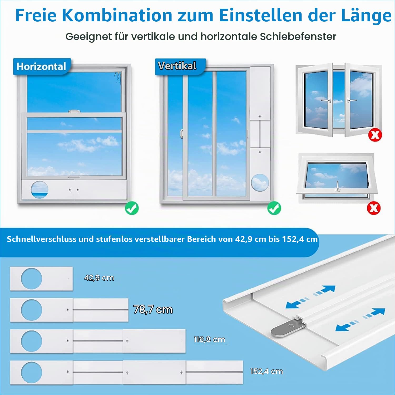 Tragbares Klimaanlagen Fensterabdichtung, Verstellbare Mobile Klimaanlage Schiebefenster PVC Dichtungssatz, Bausatz für Erweiterungsfenster mit Schnittstelle (Für 15cm Schlauch)