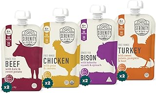 Serenity Kids - Alimento para bebés de más de 6 meses, paquete mixto de carnes de origen ético, pollo, bisonte, pavo y carne de res, bolsa de 3.5 onzas (paquete de 8 unidades)