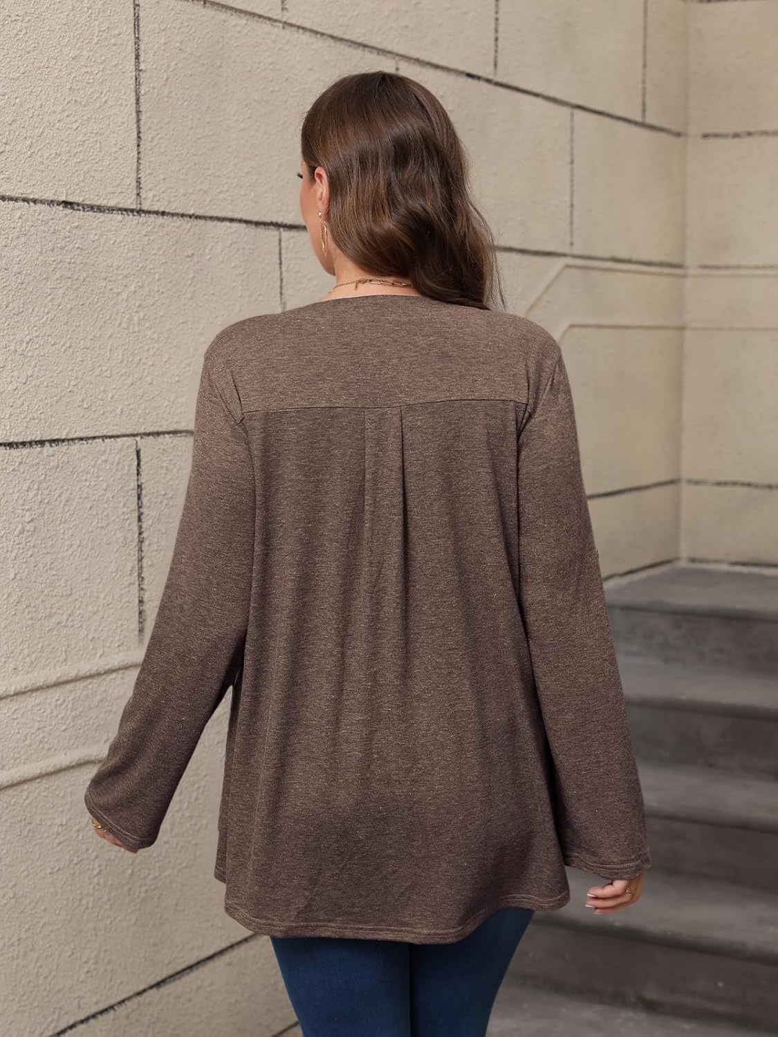 Women's Plus Size Tops V Neck Roll Up 3/4 Sleeve Tunic Pleated Casual Shirts Trendy Dressy Flowy Going Out Blouse - Image 4