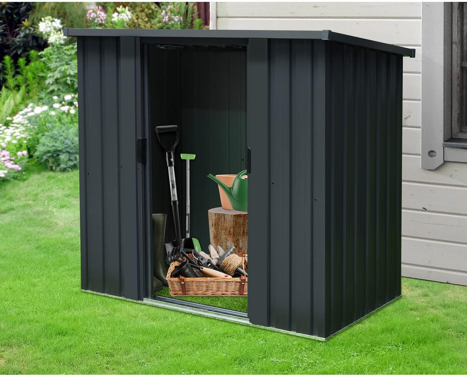 Hanover Rust Resistant Galvanized Steel Compact Shed for Patio with Anchors and 2 Sliding Doors, 52 Cu.Ft. Capacity (2.8' x 4.8' x 4.4') Storage for Outdoor Furniture, Garden Tools and Yard Supplies