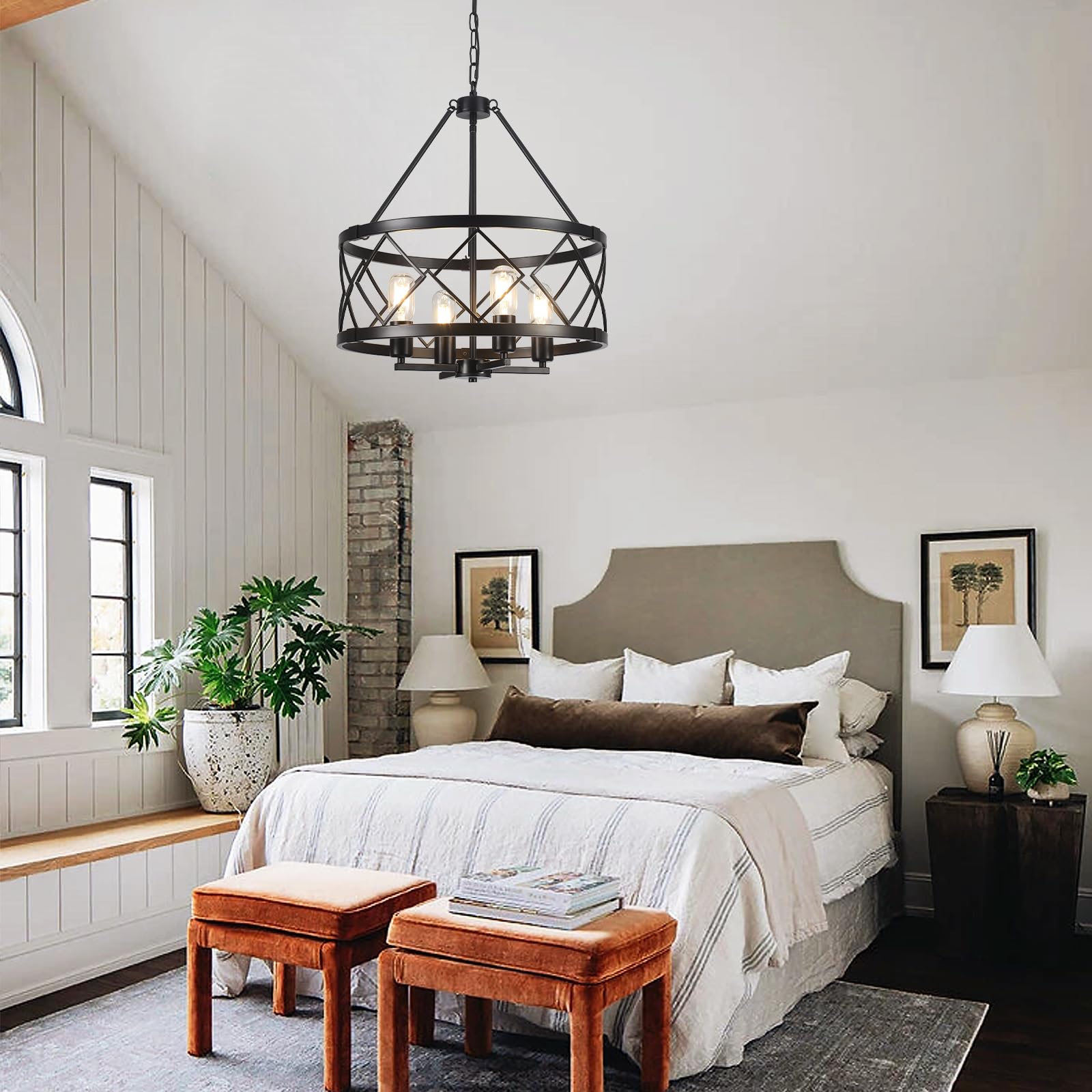 Lampadario Nero a 4 Luci, Lampadari in Stile Rustico Lampade da Soffitto per Soggiorno Lampadario Tamburo Lampada Sospensione per Sala da Pranzo, Corridoio, Ingresso, Camera da Letto
