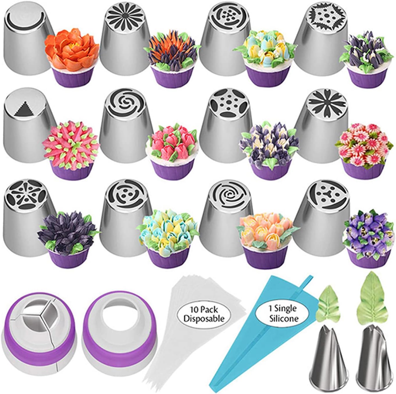Russian Piping Nozzles Set 12 Russian Cake Decorating Nozzles 2 Small Flower Nozzles 2 Couplers 10 Disposable Bags 1 Icing Bag Cake Decorating Tools