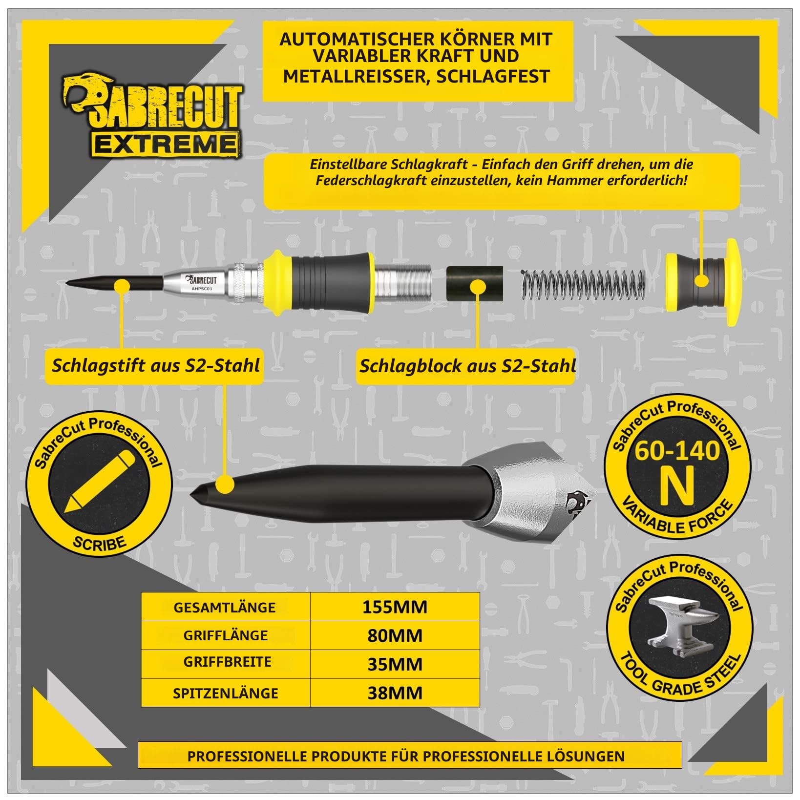 1 Stück SabreCut AHPSC01 Hochleistungs-Körnerlocher mit automatischem Federantrieb und einstellbarer Schlagkraft von 60–140 Newton. Geeignet für Metall Holz Kunststoff und viele andere Materialien