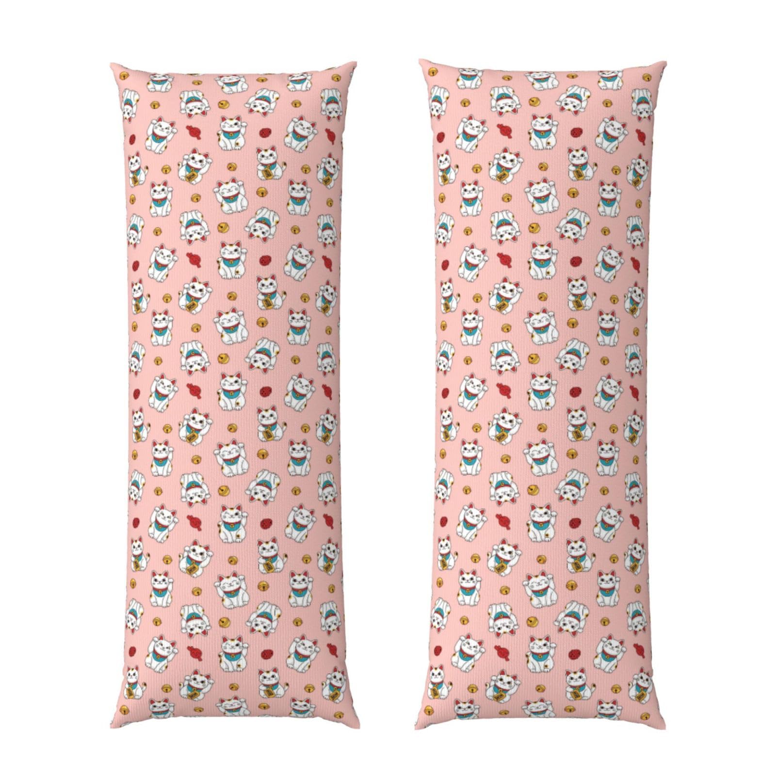 Body Pillow Cover 20x60 Japanese Cute Lucky Cat Pink, Soft Velvet Long Pillowcase with Hidden Zipper, Cozyffy Rectangular Case for Bed Sofa Decor