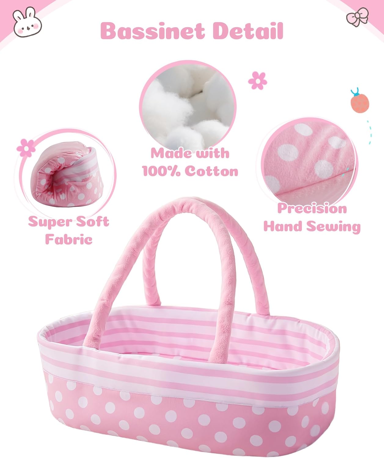 JIZHI 8 Pcs Reborn Baby Doll Clothes Set with Bassinet for 17-22 Inch Dolls, Baby Dolls Clothes and Doll Accessories Set fit Realistic Baby Doll Girl, Pink