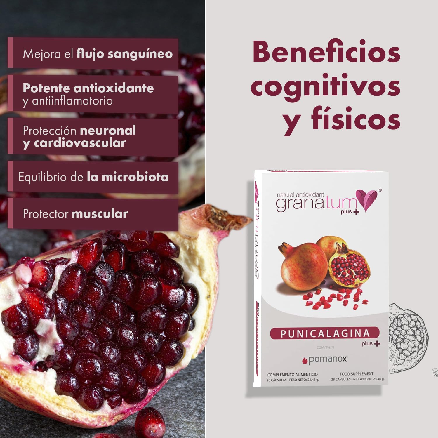 Granatum Plus - Punicalagina Plus - Complemento Alimenticio - Extraído de Granadas - Suplemento Antioxidante - Digestión y Metabolismo - Cuidado de Piel - Producido en España (3 Cajas de 28 cápsulas)