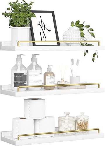 Estantes flotantes para decoración de pared, estantes blancos y dorados para baño, sala de estar, dormitorio, marcos de fotos, plantas, cocina